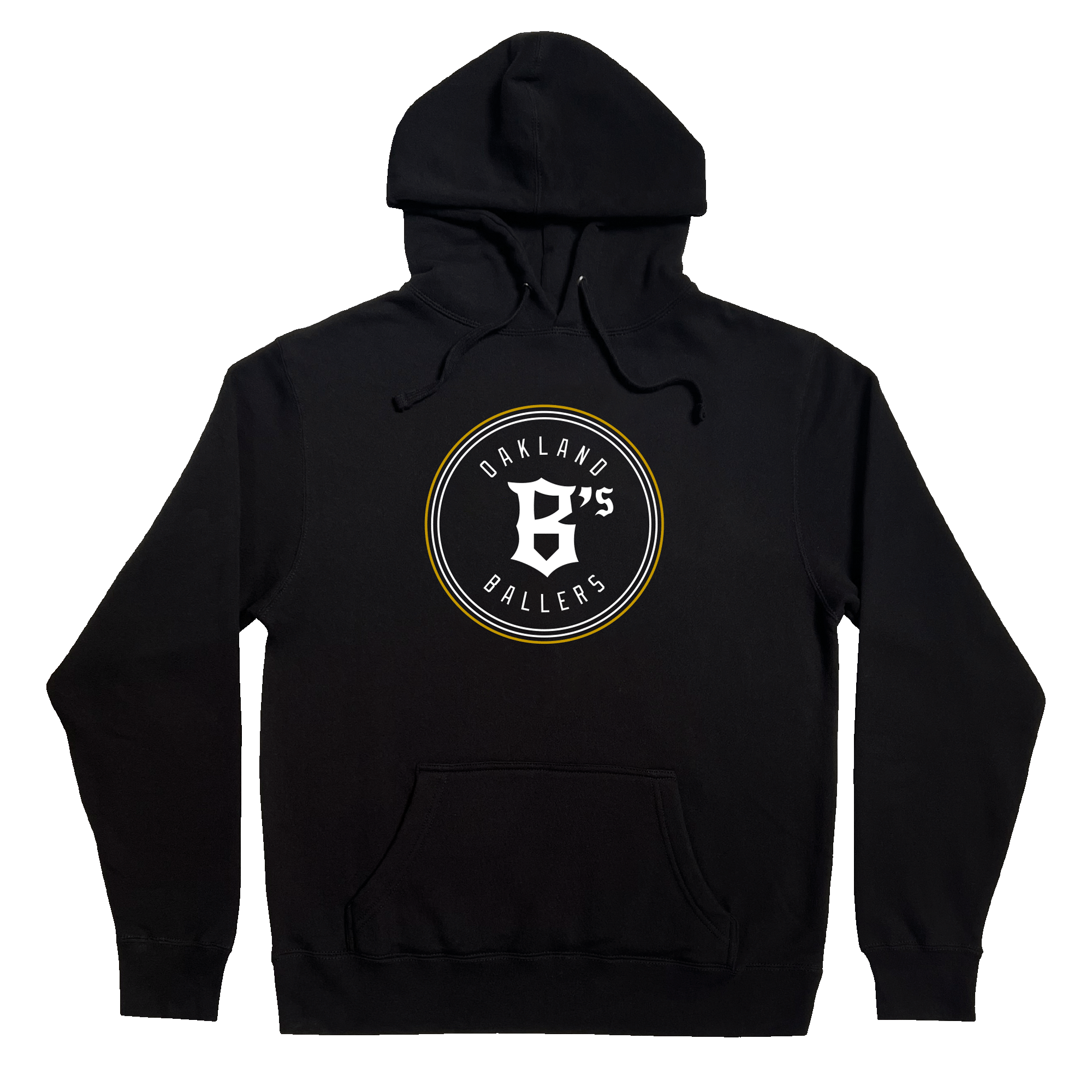 Front view of a black pullover hoodie sweatshirt with round white and gold Oakland Ballers logo and wordmark on the front chest.
