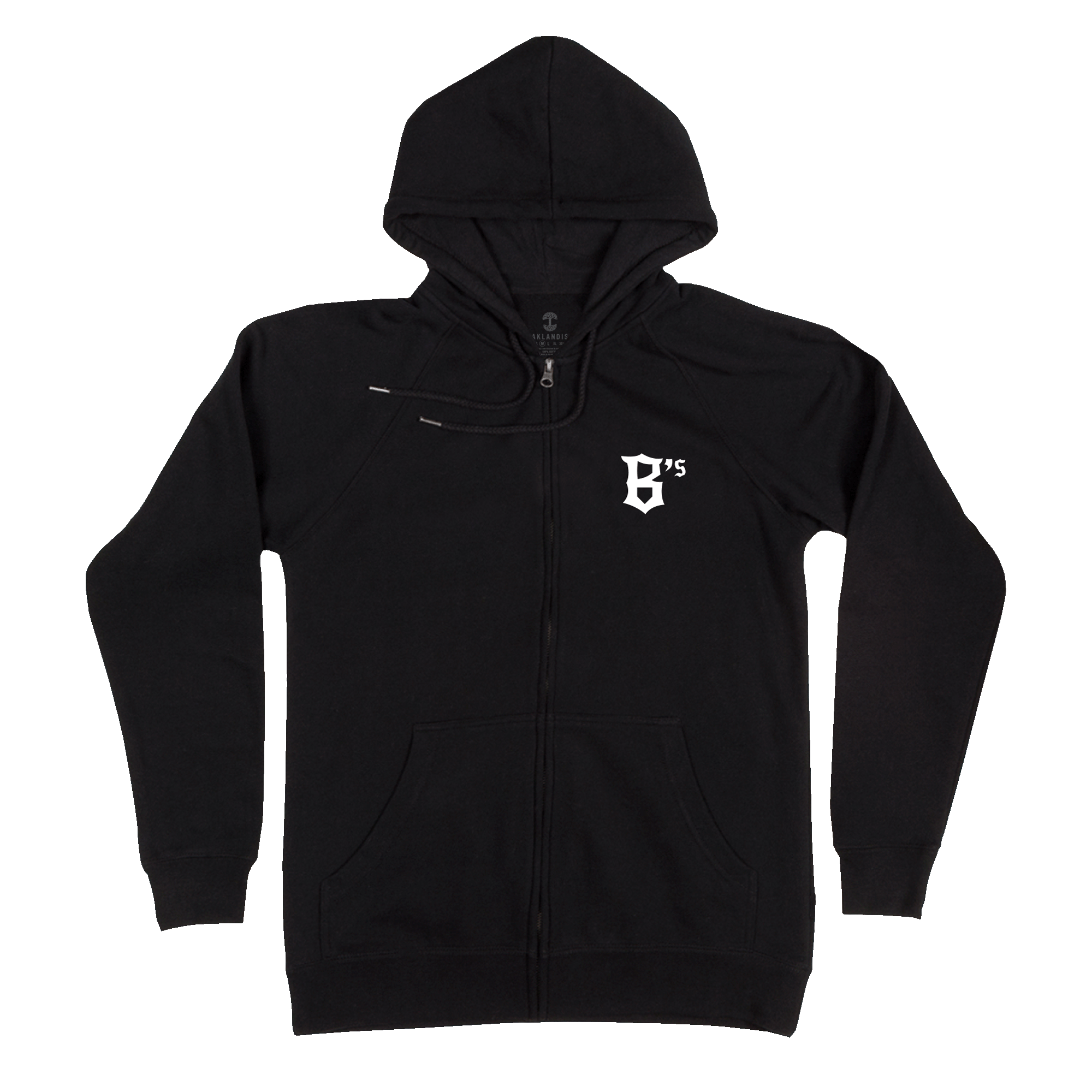 The Oakland Ballers Logo Zip hoodie is a black zip-up sweatshirt featuring a front zipper, long sleeves, and a hood. It showcases a white graphic on the upper left side with the text "B's" in a stylized font, representing the professional baseball team Oakland Ballers. The hoodie includes two front pockets and has a drawstring for the hood.