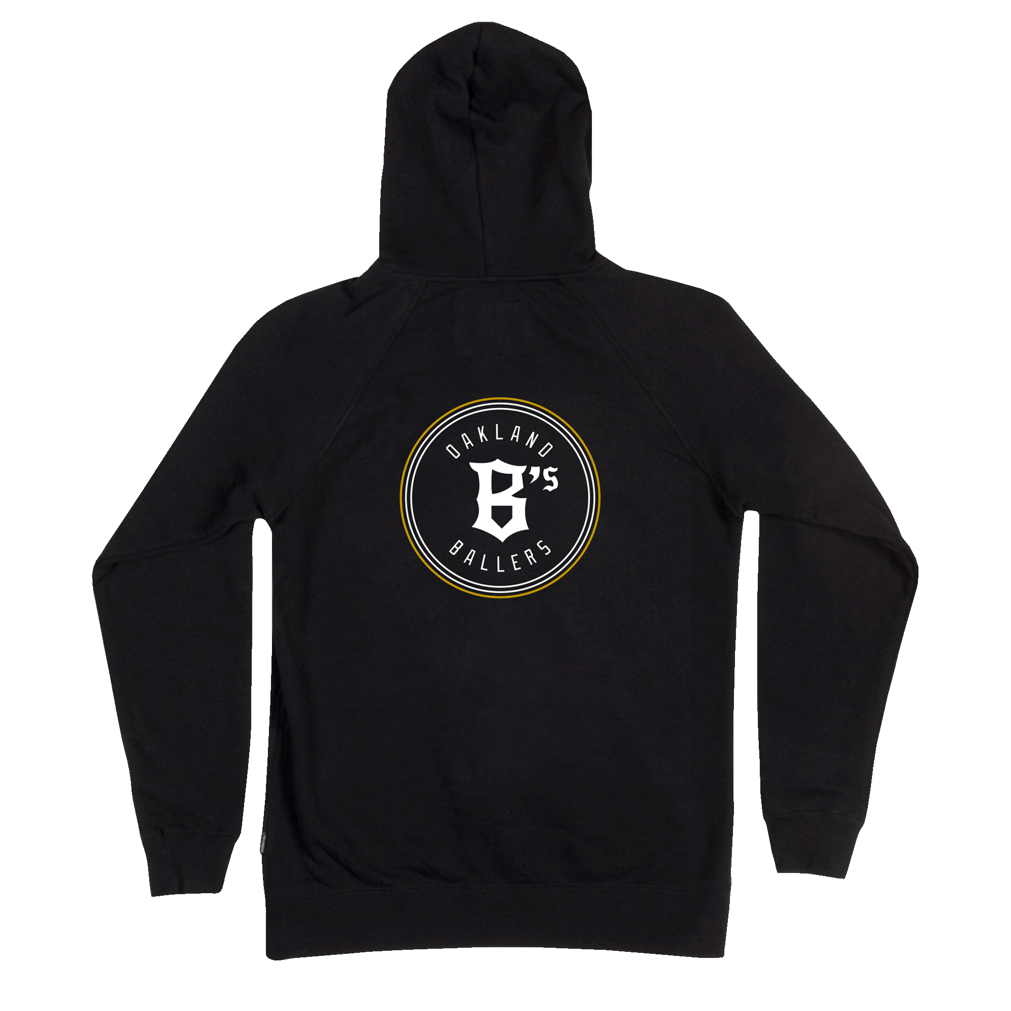 Image of the Oakland Ballers Logo Zip in black, viewed from the back. The sweatshirt features a circular logo in the center with the text "Oakland Ballers" encircling a stylized "B's" design, reminiscent of their Pioneer League professional baseball team. The logo has a white and yellow outline. The hoodie, produced by Oakland Ballers, has long sleeves and a relaxed fit.