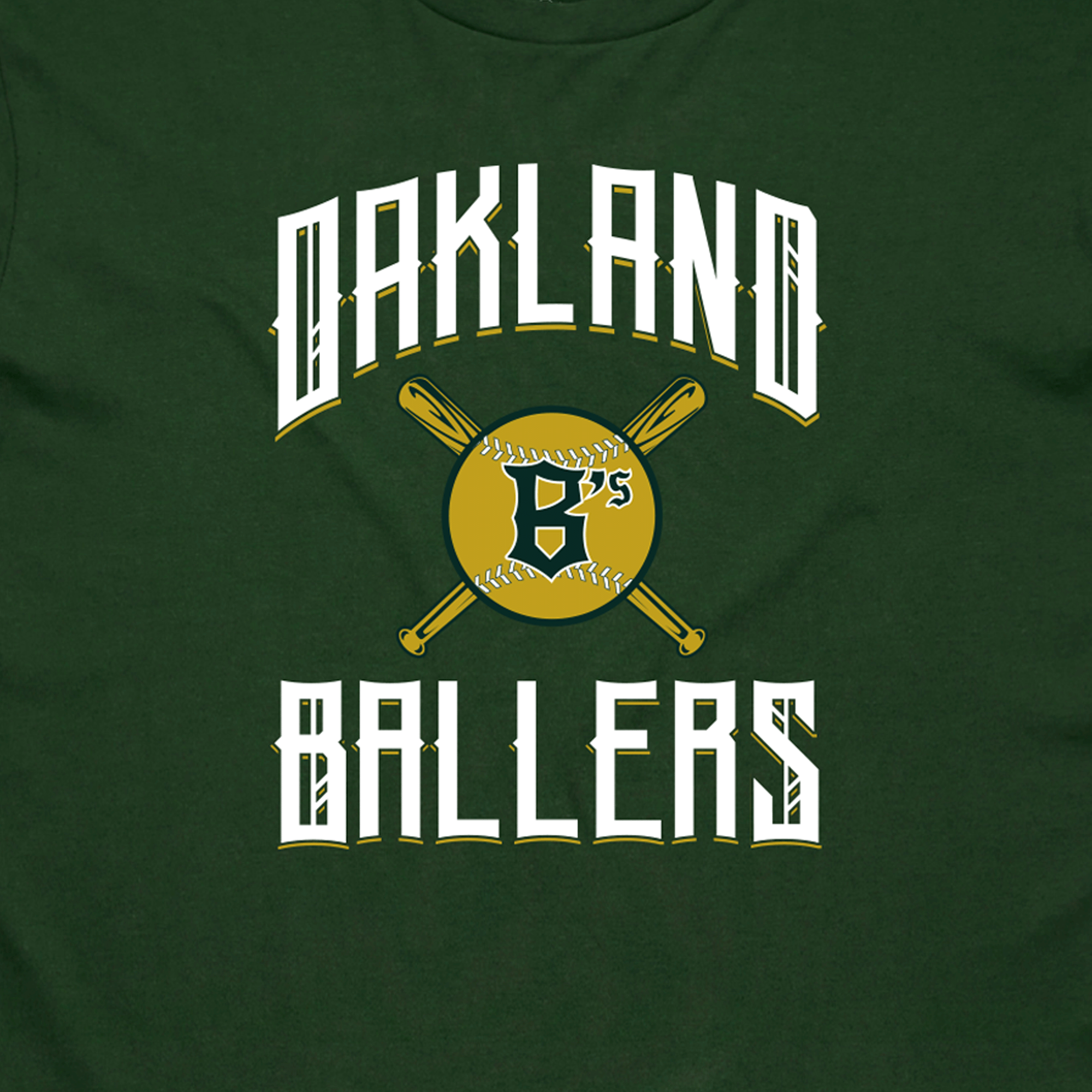 Close-up of Oakland B's Ballers logo on the chest of a forest green t-shirt.