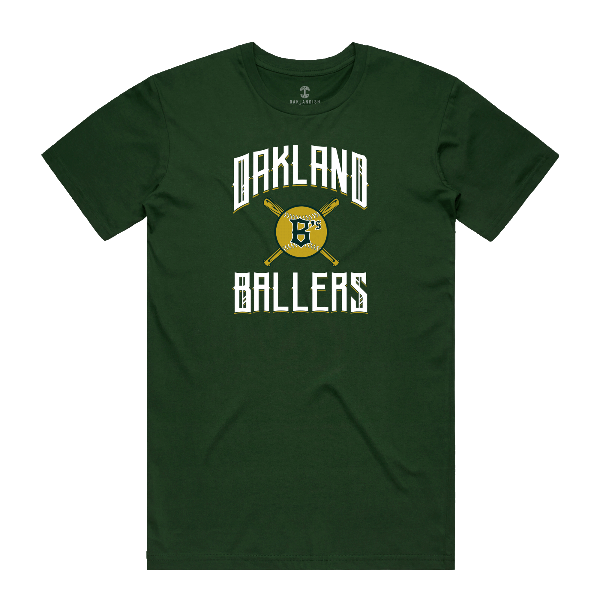 Front view of forest green t-shirt with Oakland B's Oakland Ballers logo on chest.