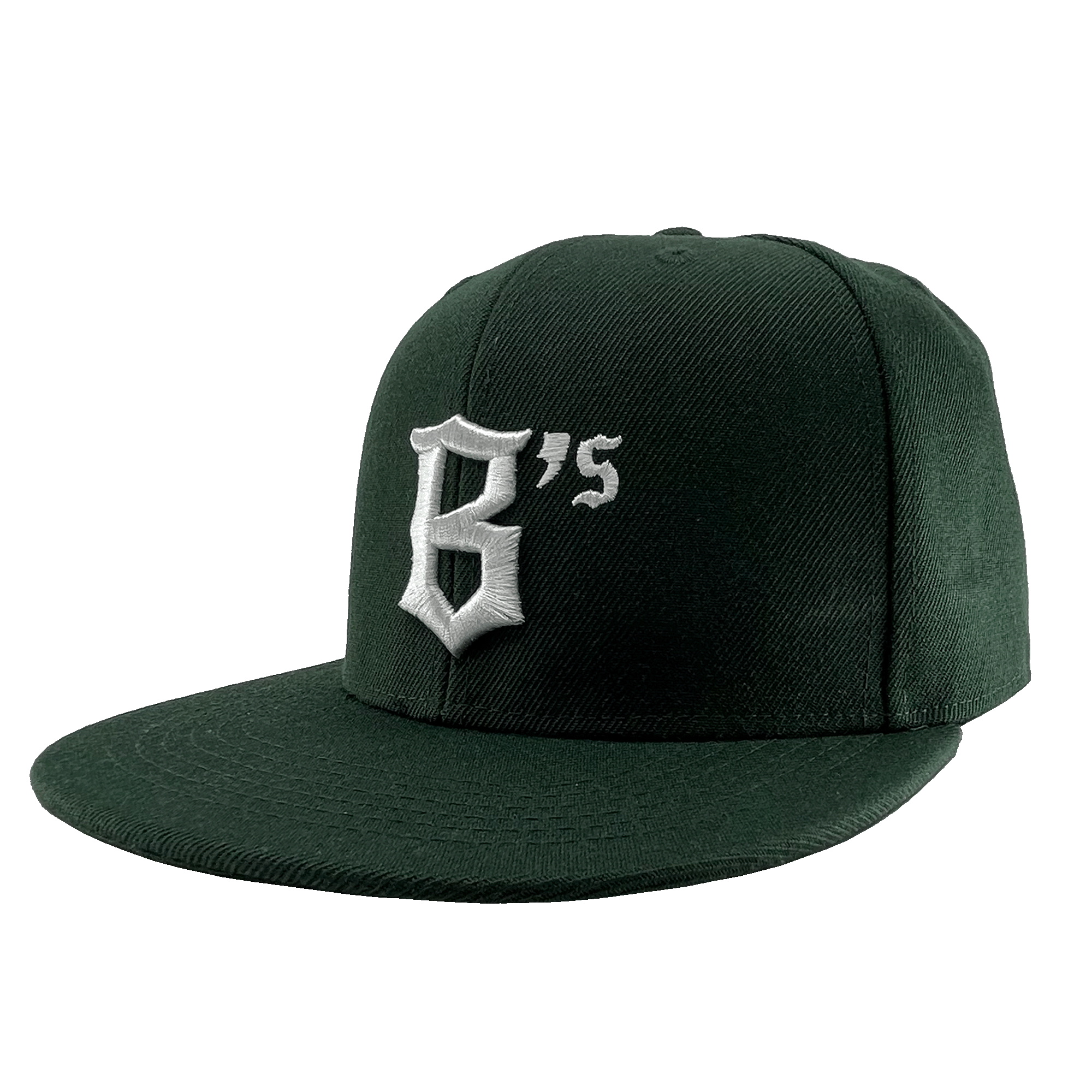 Angled side view of a forest green hat with a green bill and white B’s logo on the front crown.