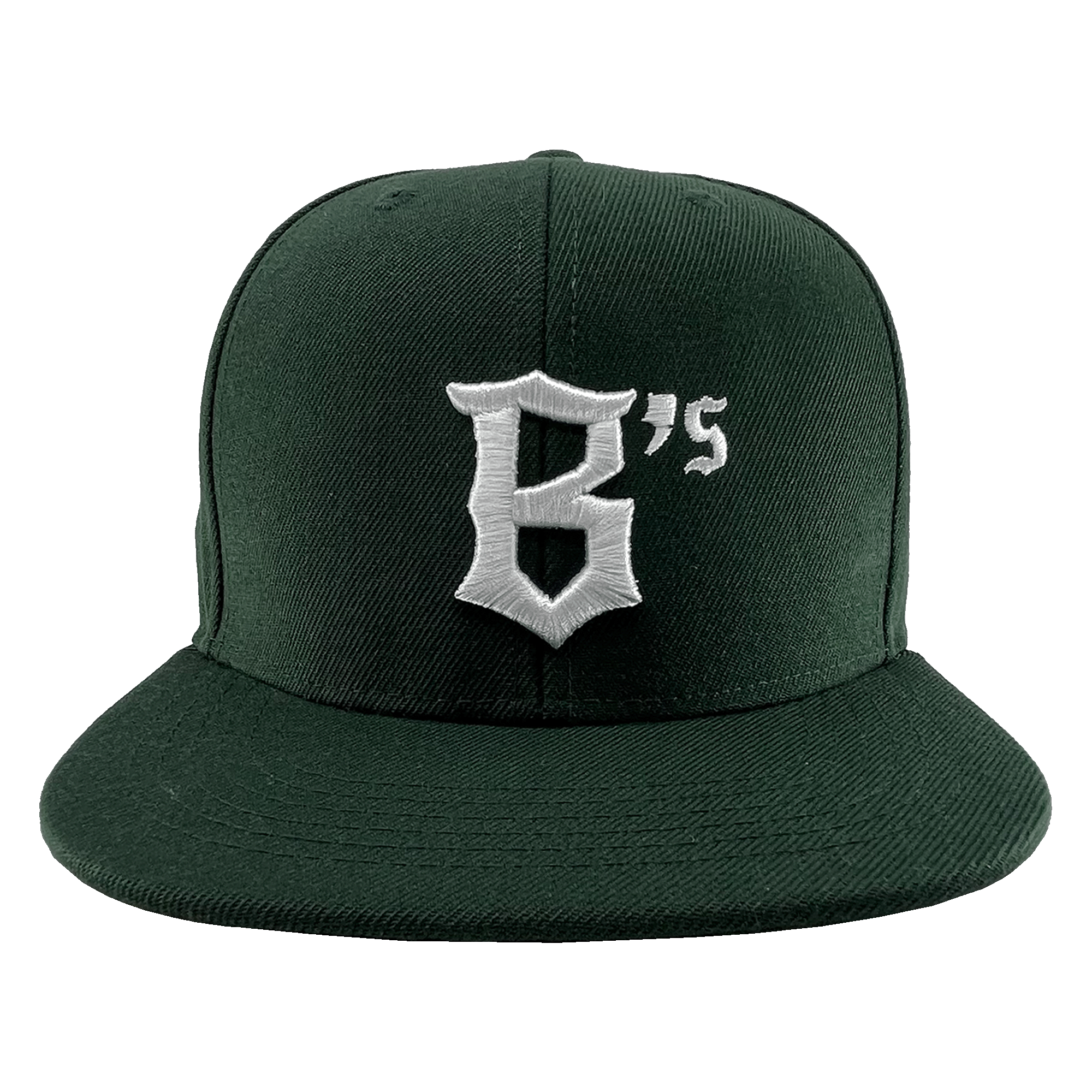  Front view of a forest green hat with a green bill and white B’s logo on the front crown.