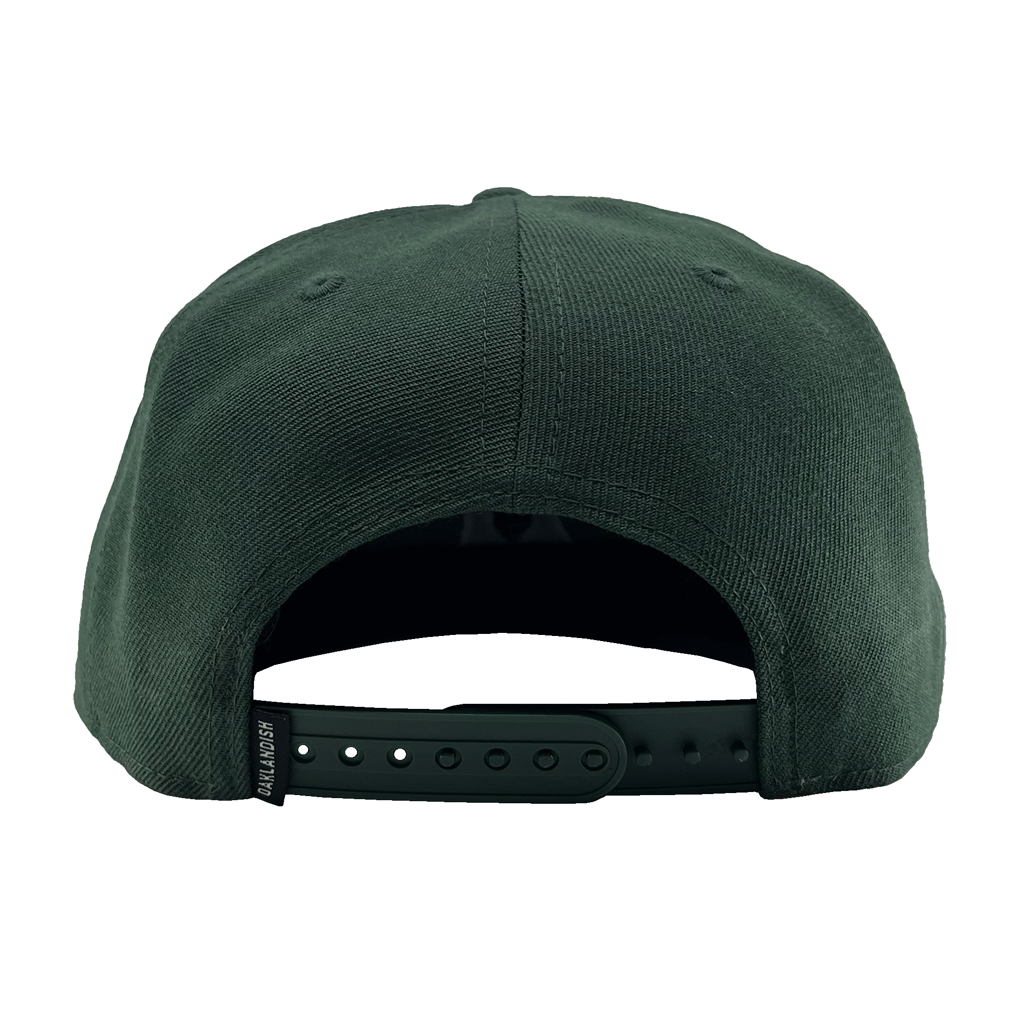 Back view of a green hat with green snapback closure and small Oaklandish tag. 