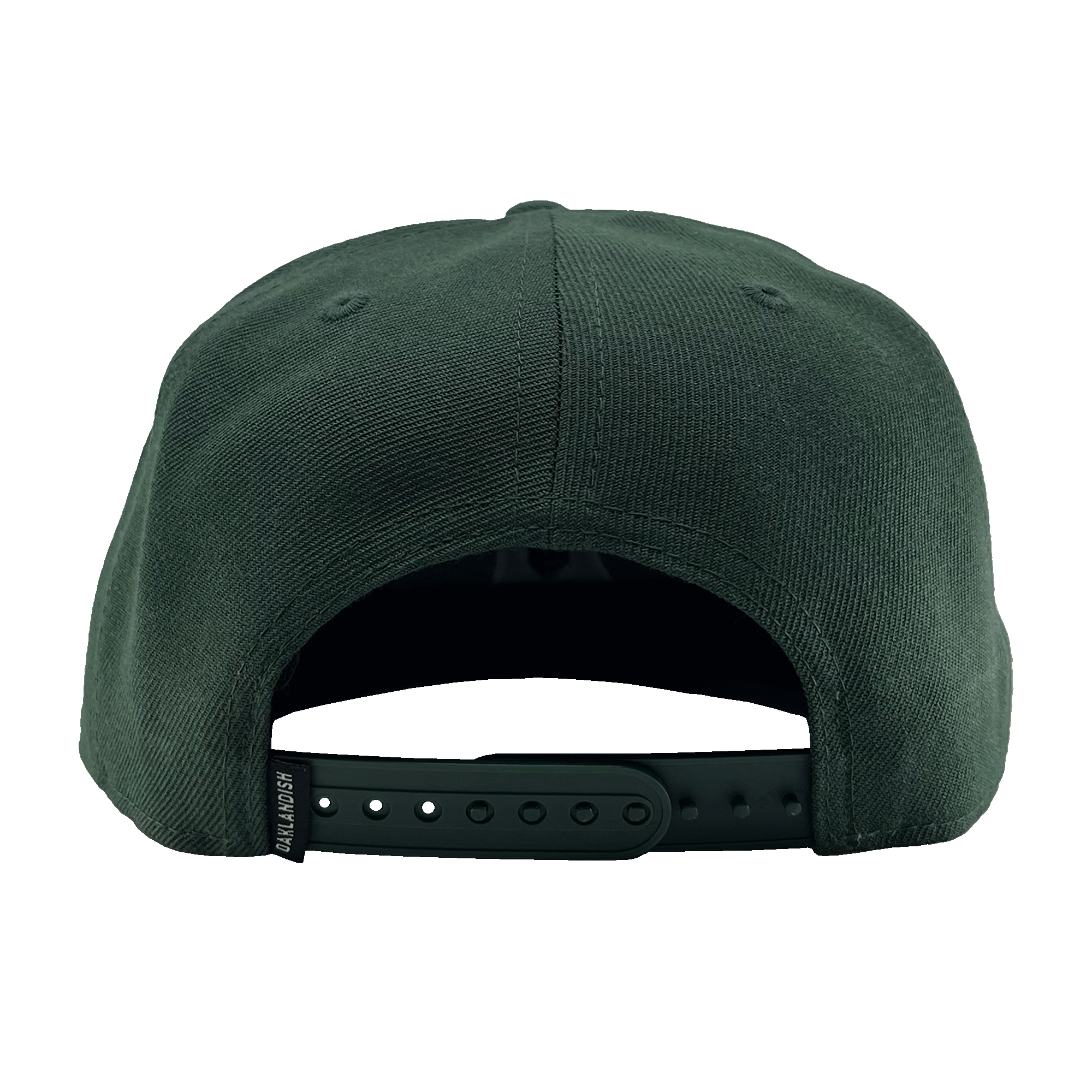The Oakland Ballers Snapback is displayed from the back, showcasing its dark green color and snapback closure with multiple adjustment holes. The fabric looks durable, possibly made of either cotton or a blend. Small stitched vents on the sides provide ventilation.