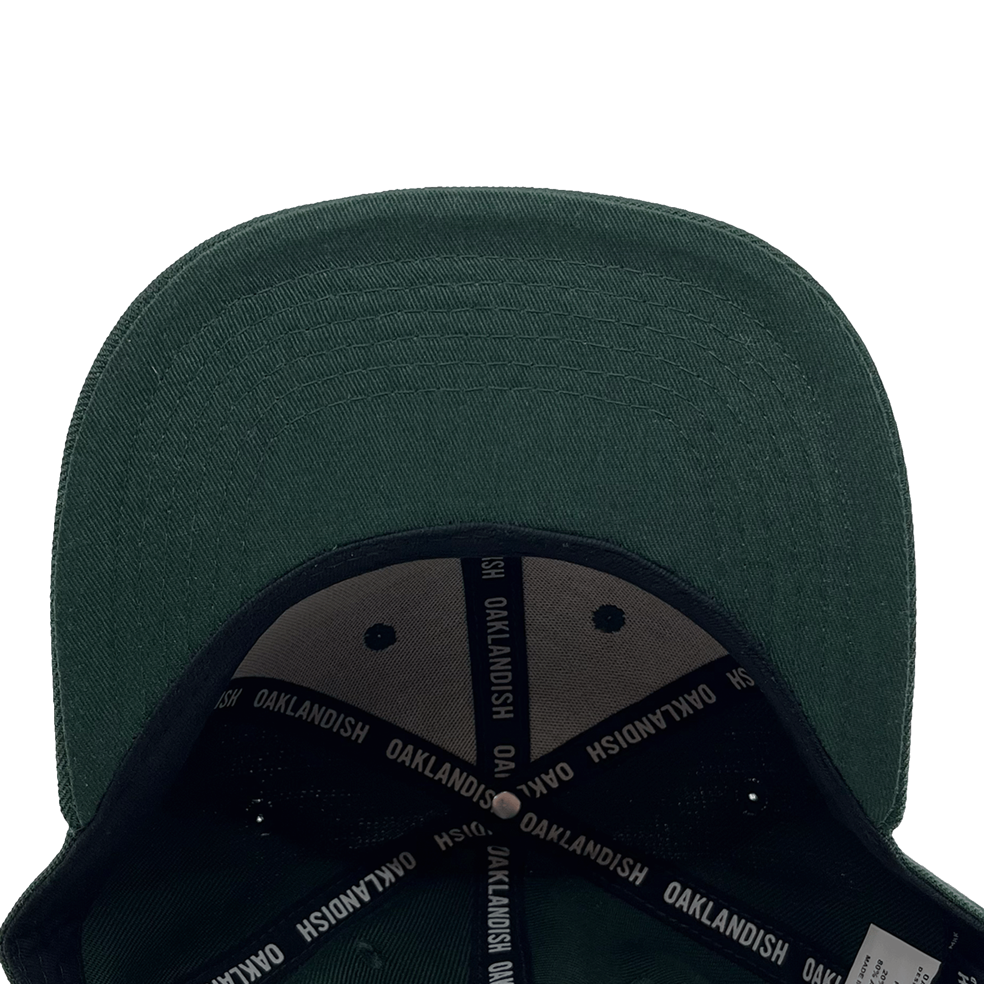 View of the underside of the green bill of a green cap with black striping and Oaklandish wordmark on repeat inside the crown.