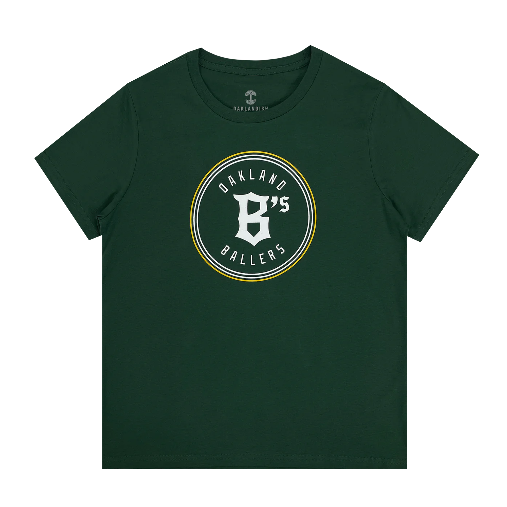 The Women's Oakland Ballers Logo Tee by the Oakland Ballers is a dark green t-shirt featuring the "Oakland B's" logo prominently at its center. The logo showcases a large, stylized white letter "B," encircled by the words "Oakland Ballers" in black, with a white circle outline adorned with a yellow trim on the outer edge.