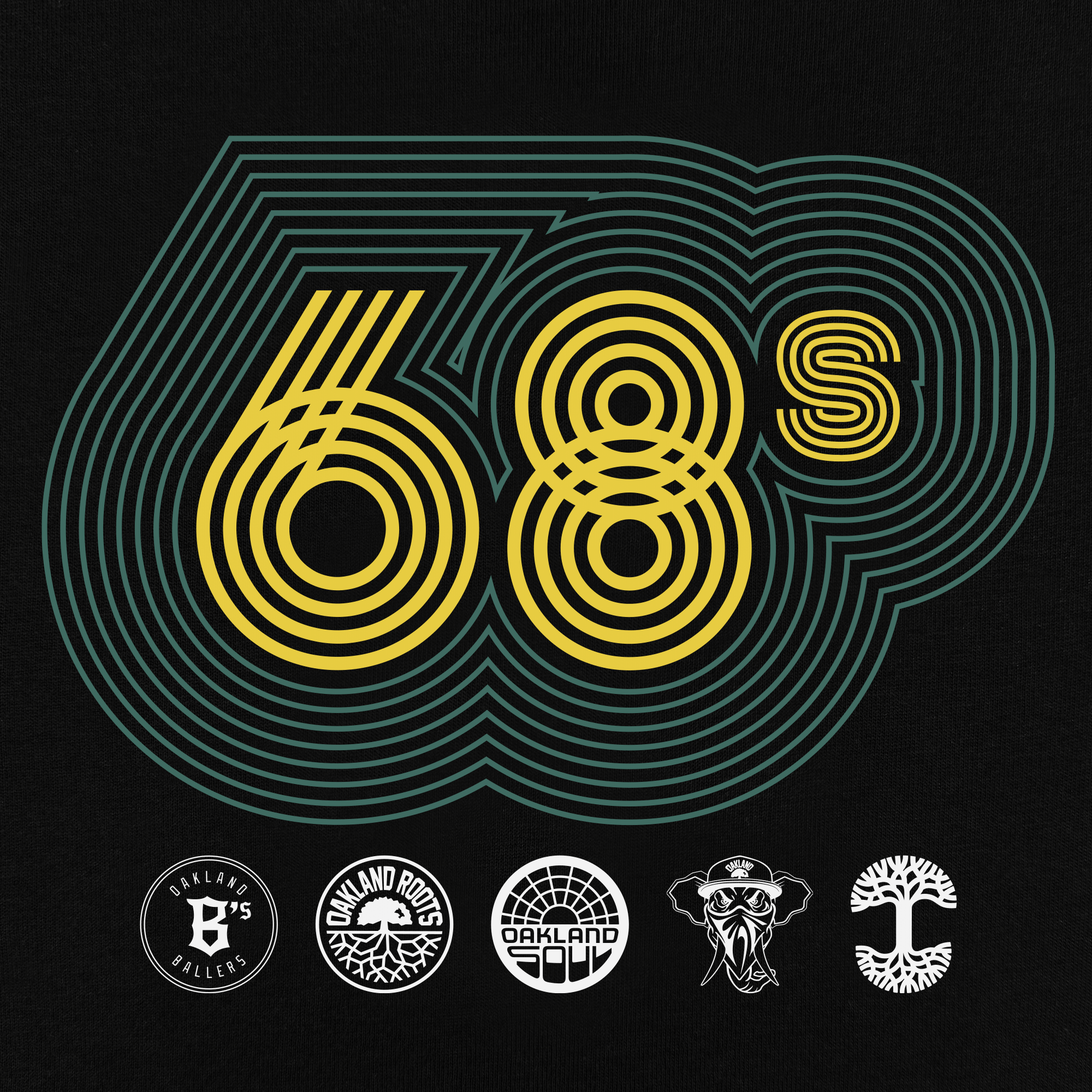 The Oaklandish "Oakland Sports Culture '68 Tee" features bold interlocking yellow and blue "68s" on a black backdrop, surrounded by five white logos: a tree, shield, intricate design, pirate skull, and a circular emblem with "Oakland," reminiscent of sports team branding.