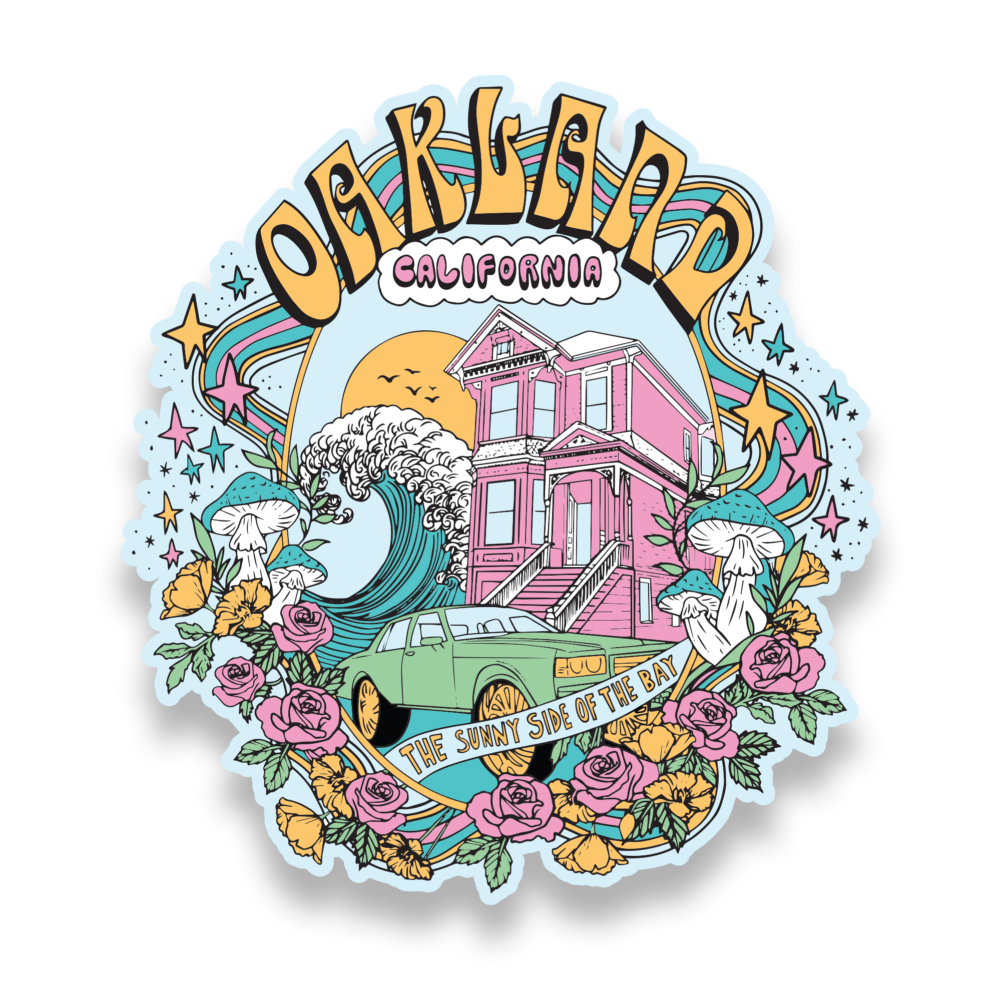 The Oakland Dream Sticker by Oaklandish showcases a vibrant design with a pink house, vintage car, and large wave among flowers, mushrooms, and palm trees. "Oakland California" is boldly displayed above while "The Sunny Side of The Bay" adorns a banner below, with stars and sun rays filling the sky.