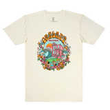 A natural cotton colored T-shirt with a full-color dreamscape graphic with Oakland, California, Sunny Side of the Bay wordmark.