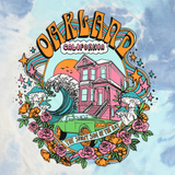 Detailed close-up of full-color dreamscape graphic with Oakland, California, Sunny Side of the Bay wordmark on blue tie-dye t-shirt.