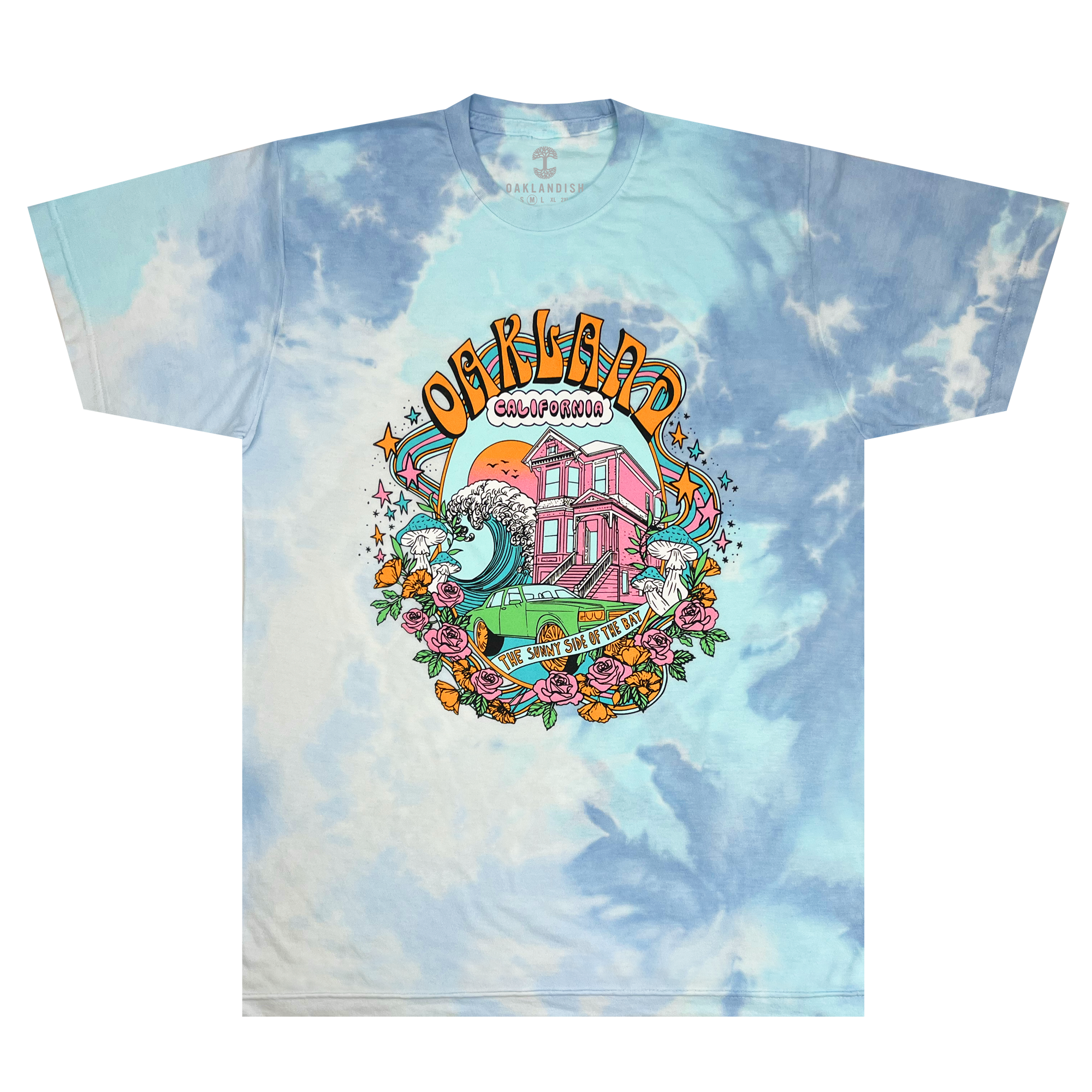 T-shirt with multiple tones of blue in tie-dye with full-color dream scape graphic with Oakland, California, Sunny Side of the Bay wordmark. 