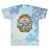 T-shirt with multiple tones of blue in tie-dye with full-color dream scape graphic with Oakland, California, Sunny Side of the Bay wordmark. 