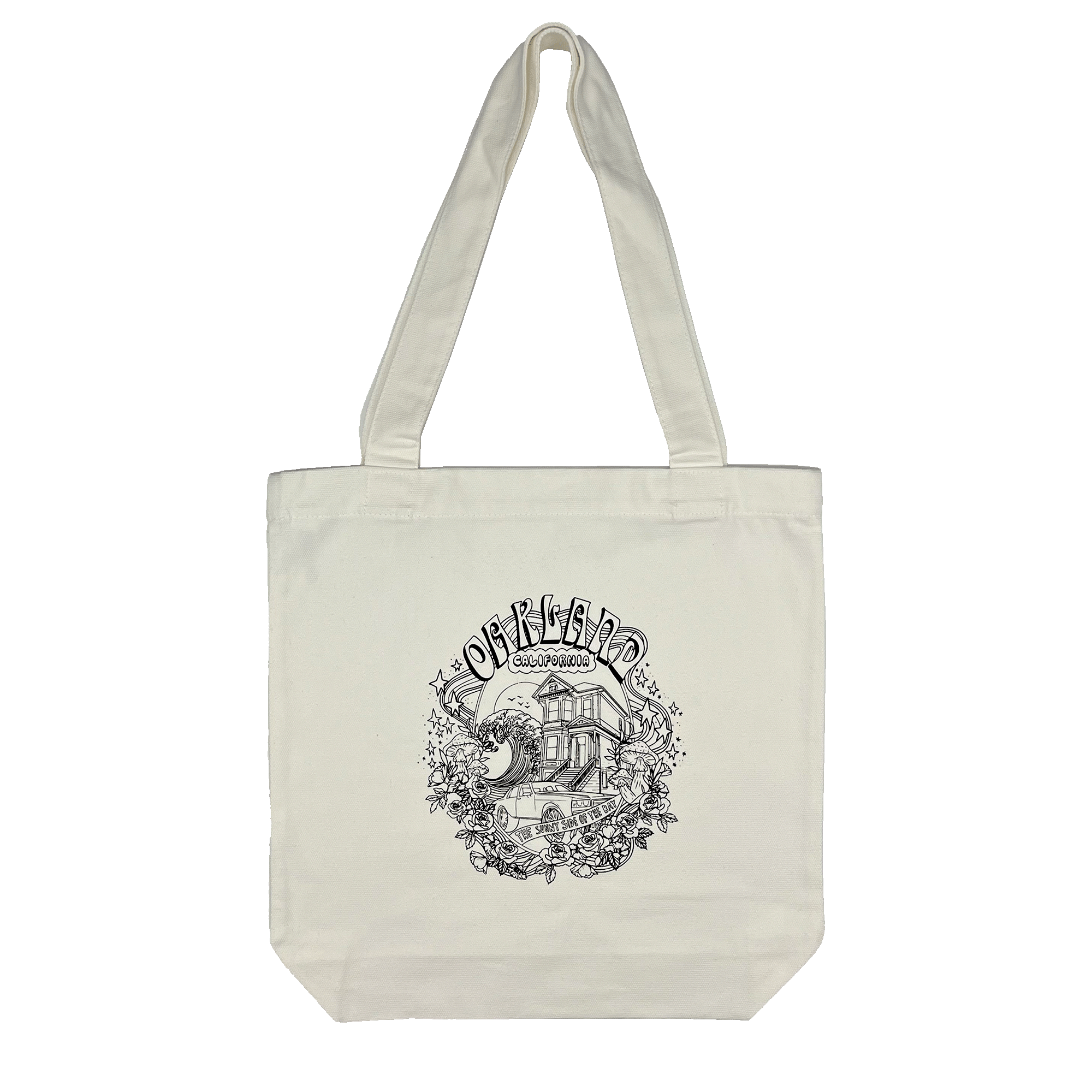 Canvas cotton shopping tote bag with black dreamy Oakland California pictorial graphic.
