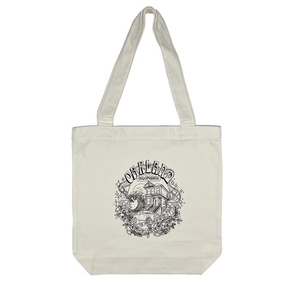 Canvas cotton shopping tote bag with black dreamy Oakland California pictorial graphic.