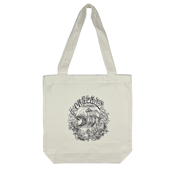 Canvas cotton shopping tote bag with black dreamy Oakland California pictorial graphic.