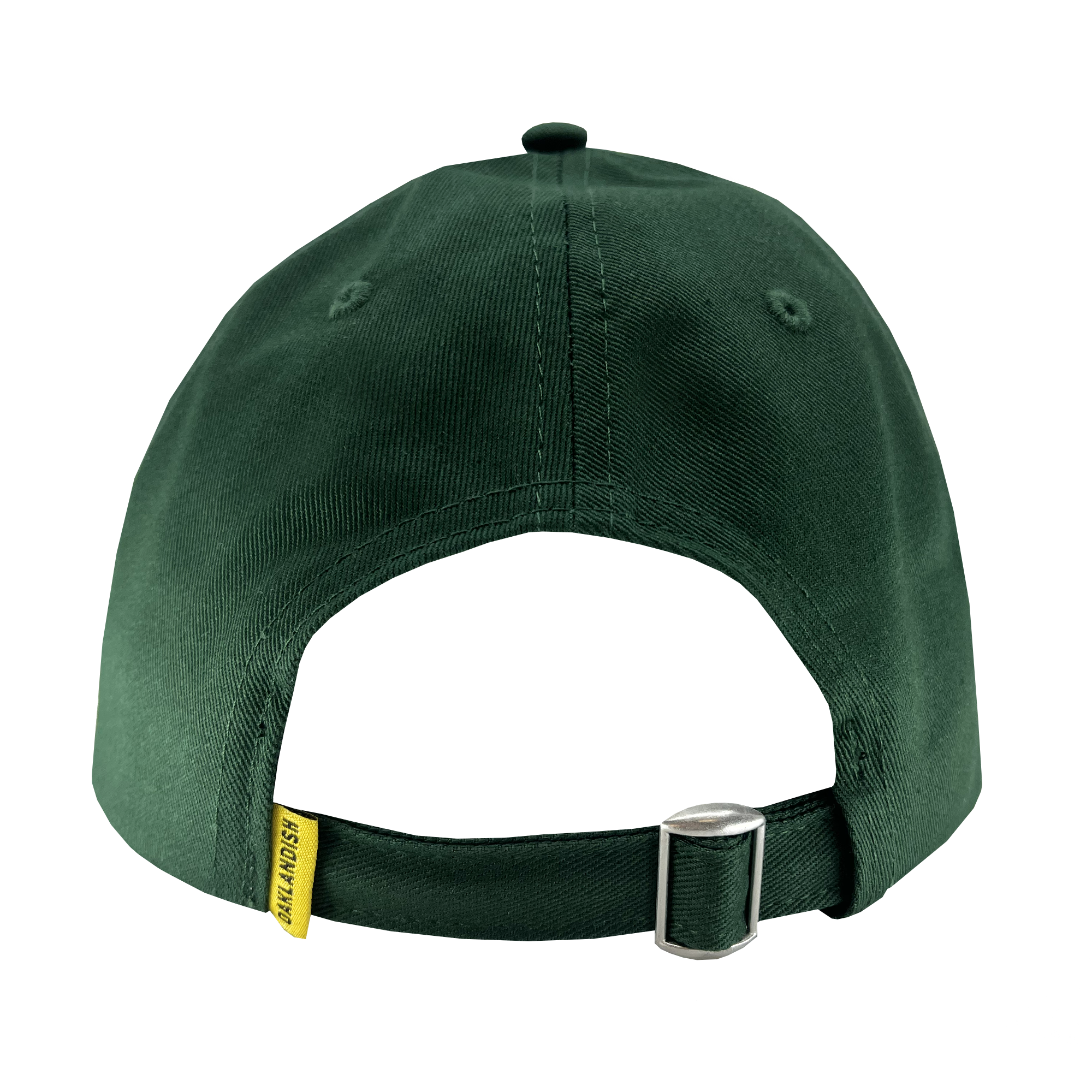 The backside of the forest green dad hat with adjustable strapback.