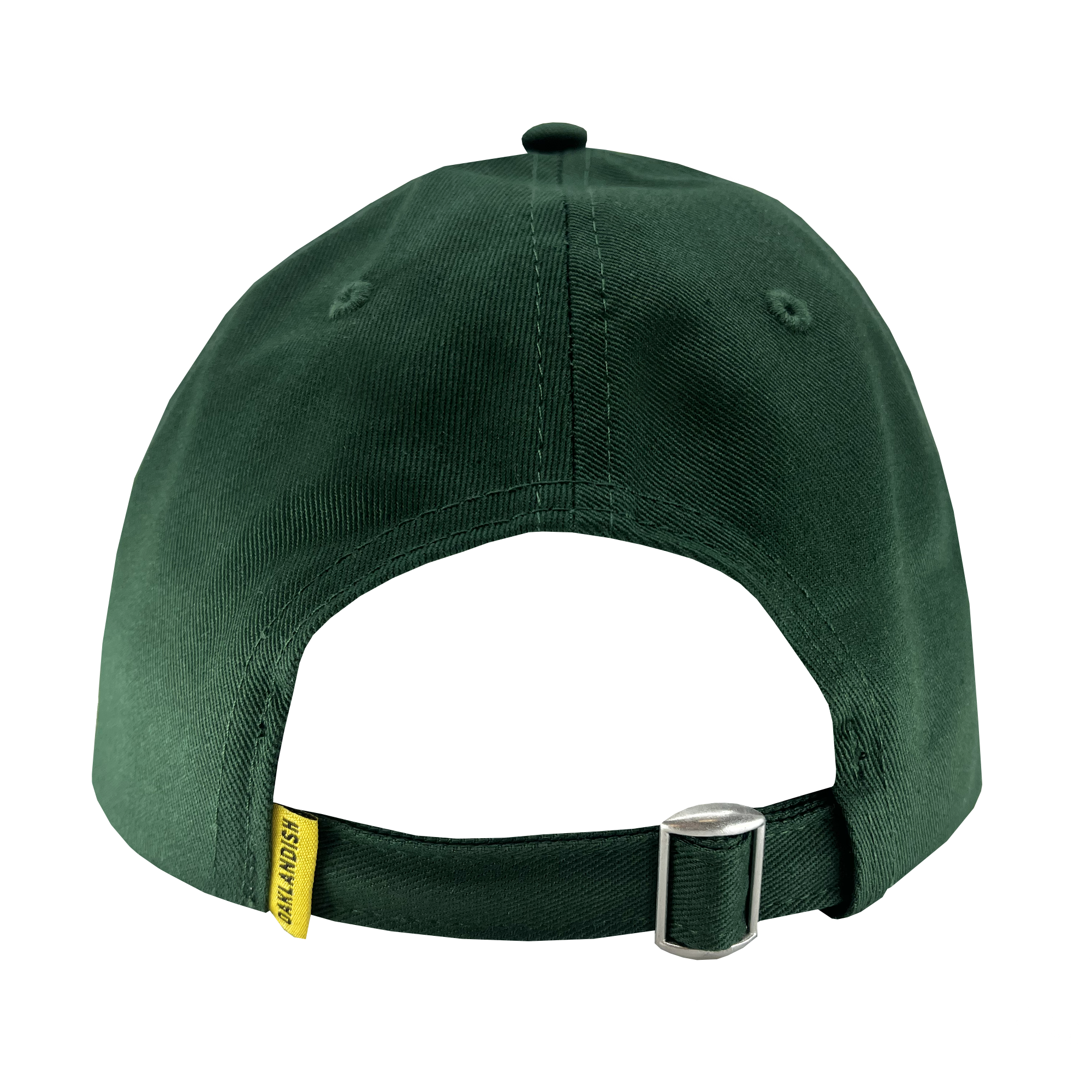 The image shows the back view of the Oakland Flag Dad Hat by Oaklandish in dark green. It features a yellow fabric tag on the left side with "OAKLANDISH" in black text, and includes a metal buckle for size adjustment. The smooth, slightly shiny fabric evokes the vibrant hues of the Oakland flag.