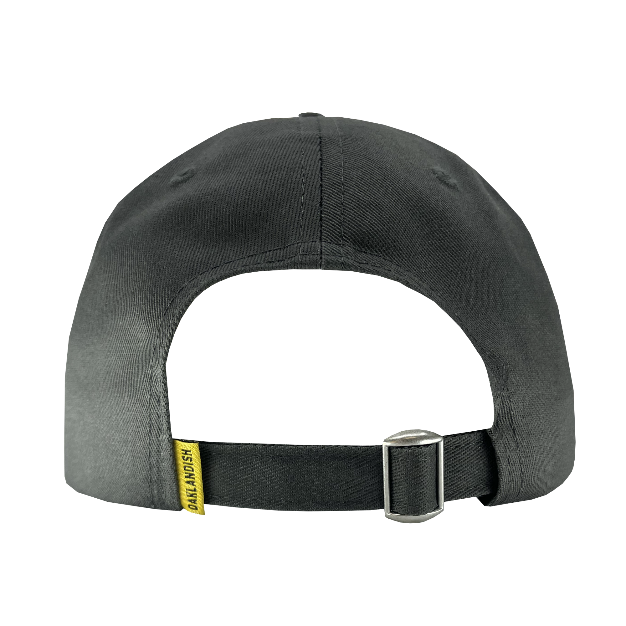 Back of charcoal grey dad hat with adjustable strapback