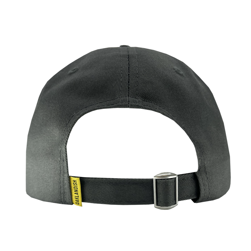 Back of charcoal grey dad hat with adjustable strapback