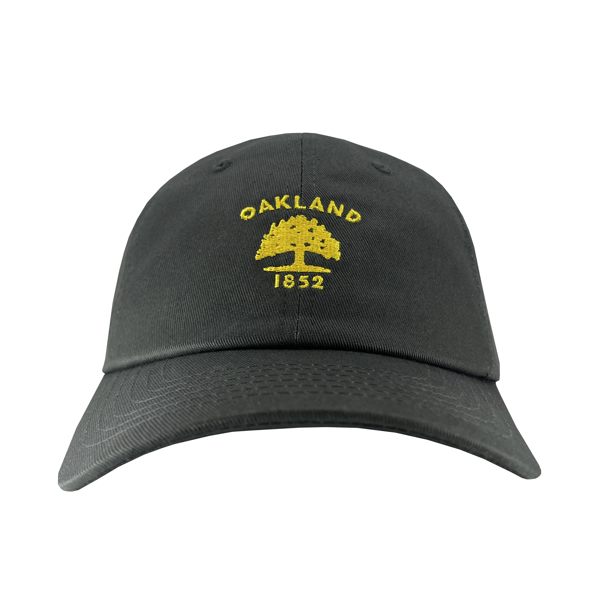 Front view of dark grey cotton dad hat with yellow embroidered Oakland Flag 1832 logo on the crown. 