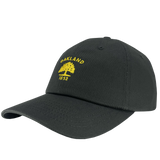 Side view of dark grey cotton dad hat with yellow embroidered Oakland Flag 1832 logo on the crown. 