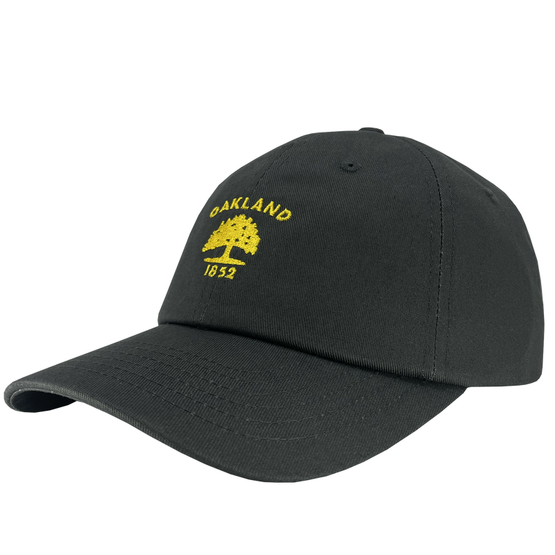 Side view of dark grey cotton dad hat with yellow embroidered Oakland Flag 1832 logo on the crown. 