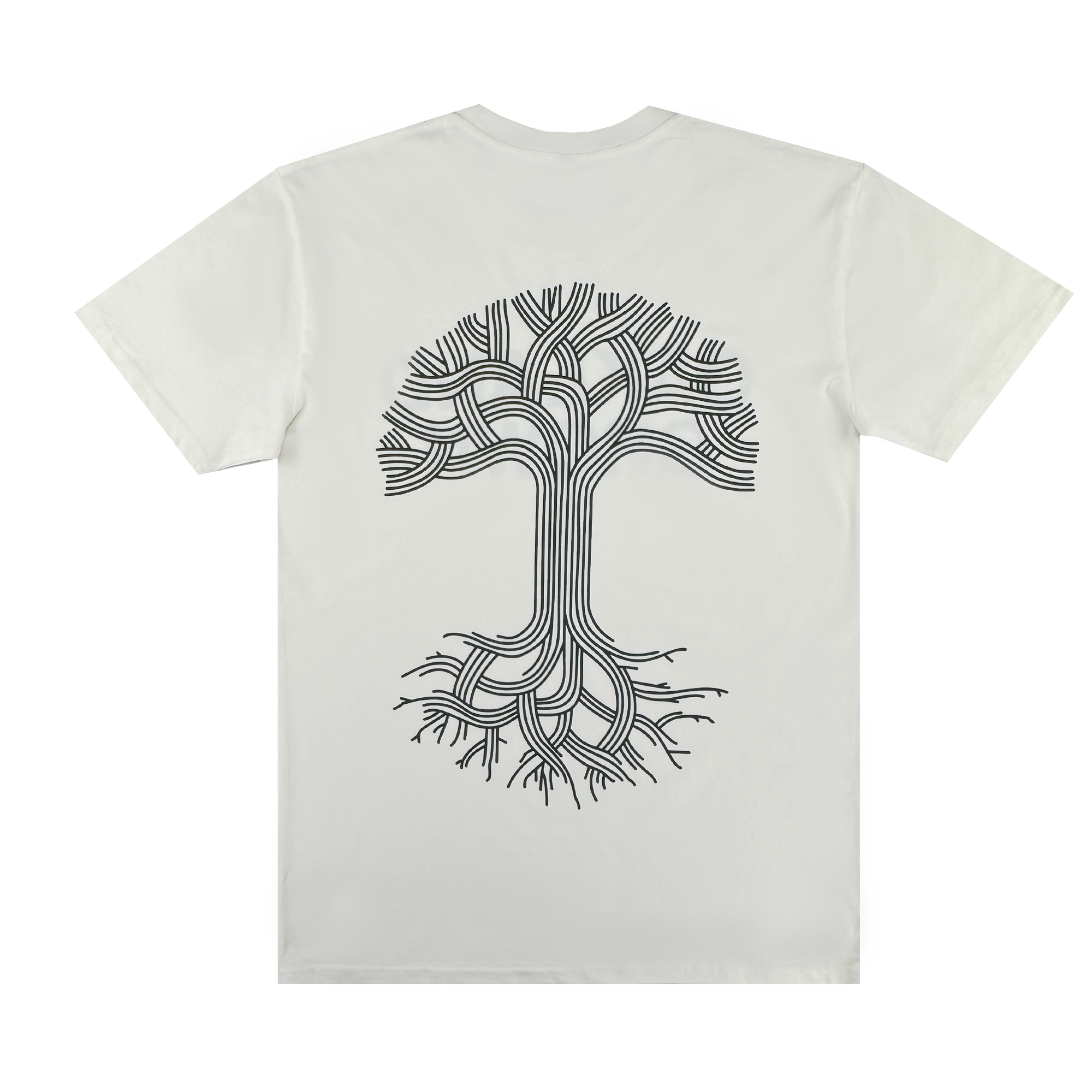 The Oakland Grown Tee by Oaklandish is a classic fit men's t-shirt made from 100% cotton, featuring a large abstract black line art tree on the back with bold, interconnected lines for a symmetrical look.