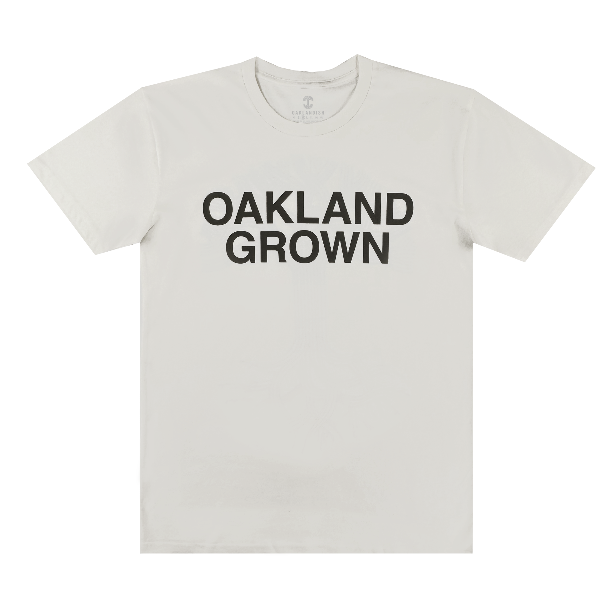 The Oaklandish Oakland Grown Tee is a men’s classic fit, 100% cotton white t-shirt with bold black “OAKLAND GROWN” text centered on the chest, shown laid flat to display its front and short sleeves.