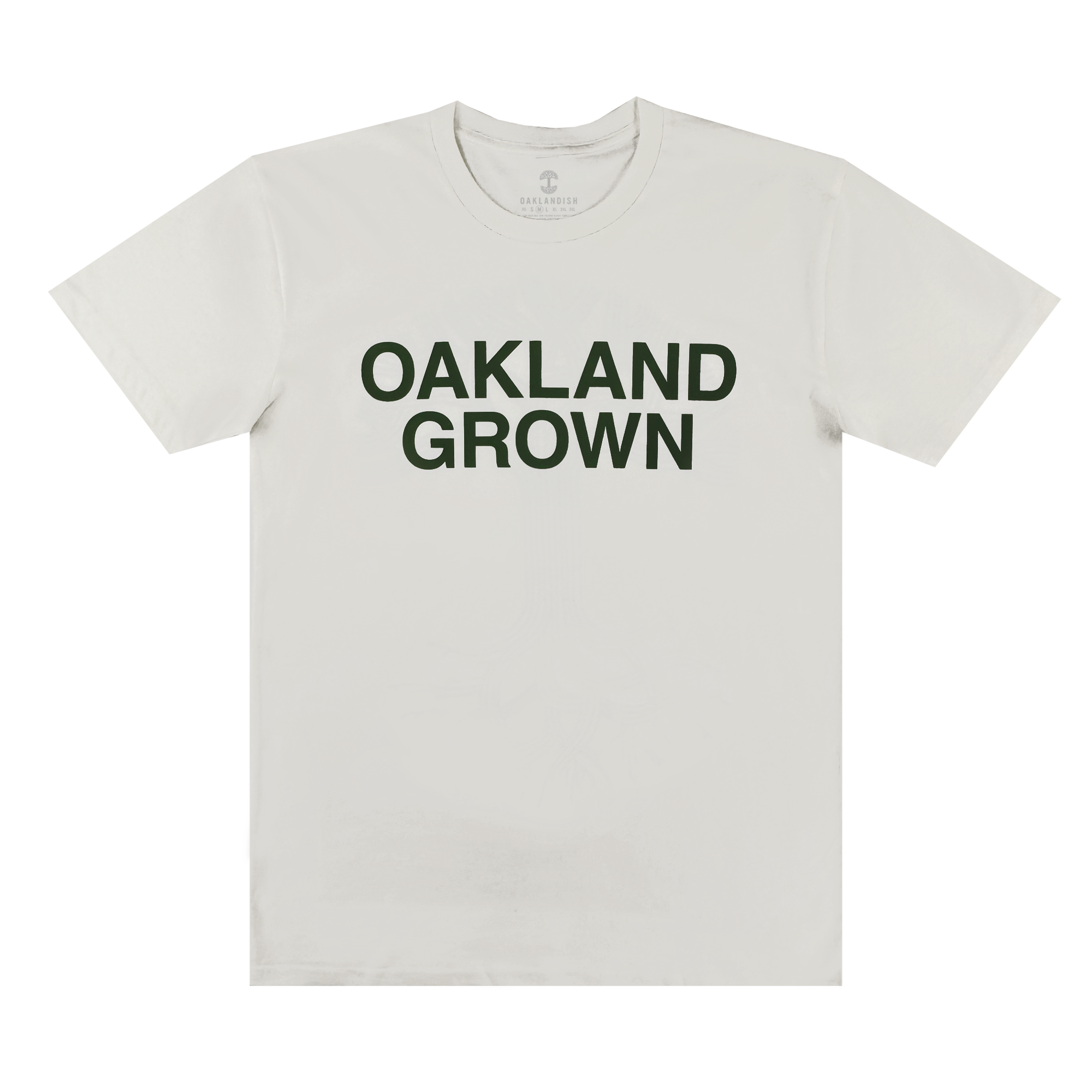 The Oaklandish Oakland Grown Tee, a 100% cotton men's white t-shirt, features "OAKLAND GROWN" in bold black capital letters across the chest and is shown laid flat on a white background.