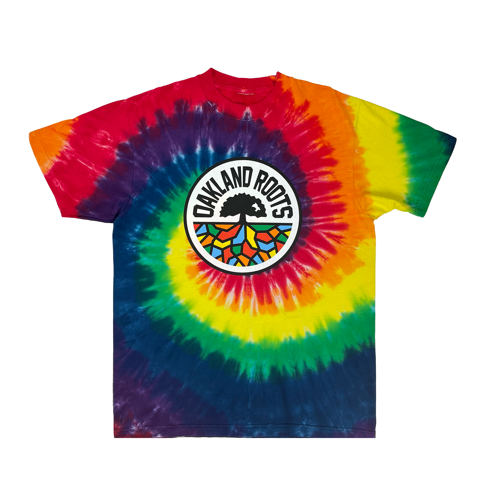 The Oakland Roots SC Logo Tie-Dye Tee by Oakland Roots SC is a vibrant, oversized fit T-shirt featuring a large circular logo in the center with "OAKLAND ROOTS" written around a stylized tree. The tie-dye pattern radiates in vivacious hues of red, orange, yellow, green, blue, and purple to create a spiral design that perfectly complements the sports club's colors.
