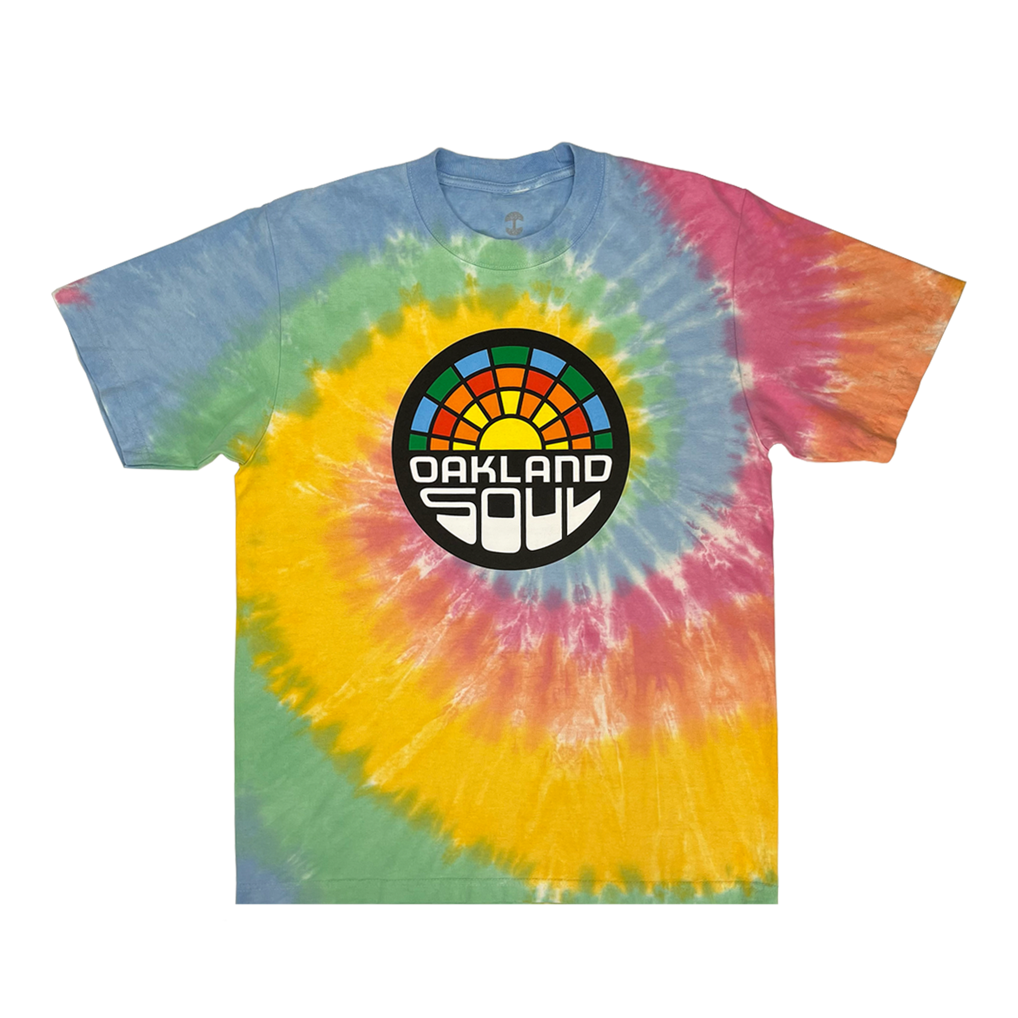 Sherbet Tie dye cotton t-shirt with Oakland Soul SC Crest.