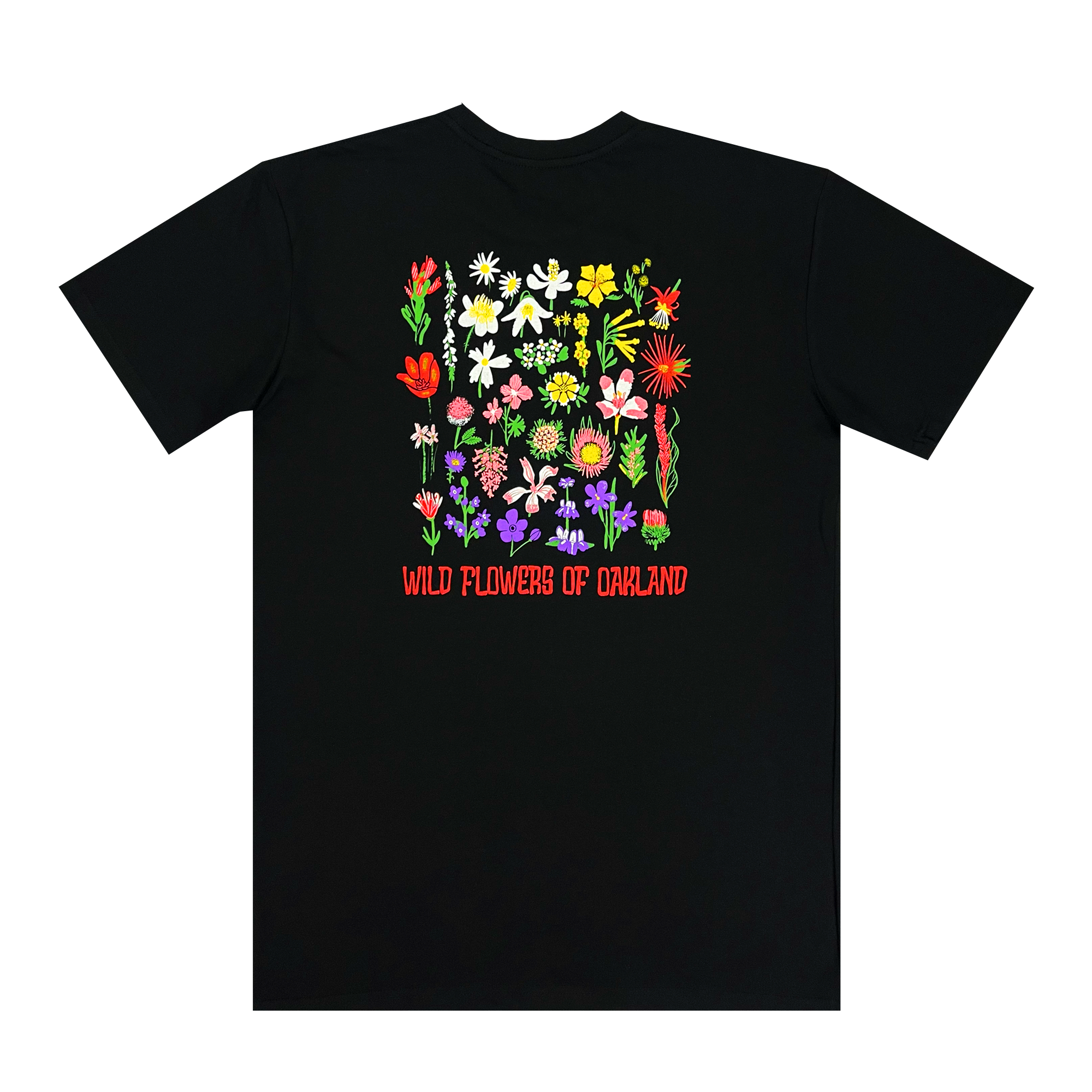Backside view of a black t-shirt with a graphic depicting colorful wildflowers with a red WILD FLOWERS OF OAKLAND wordmark.