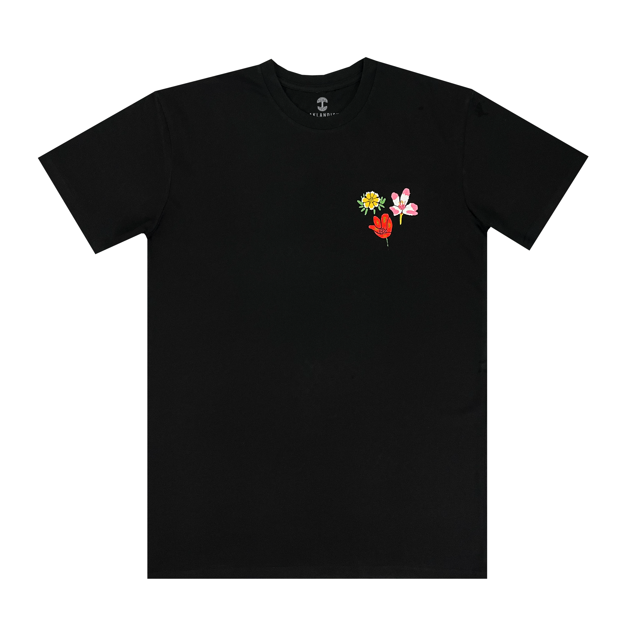Front side view of a black t-shirt with three colorful wildflowers on the left chest.