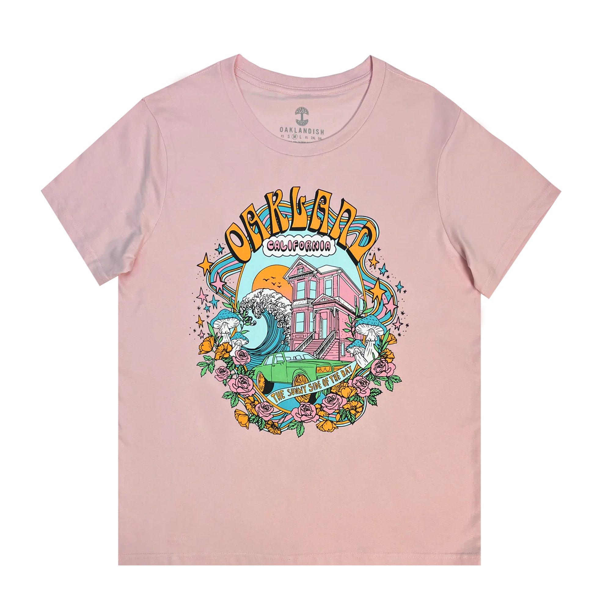 Pink t-shirt with Oakland Dream multi-color graphic on the front chest.