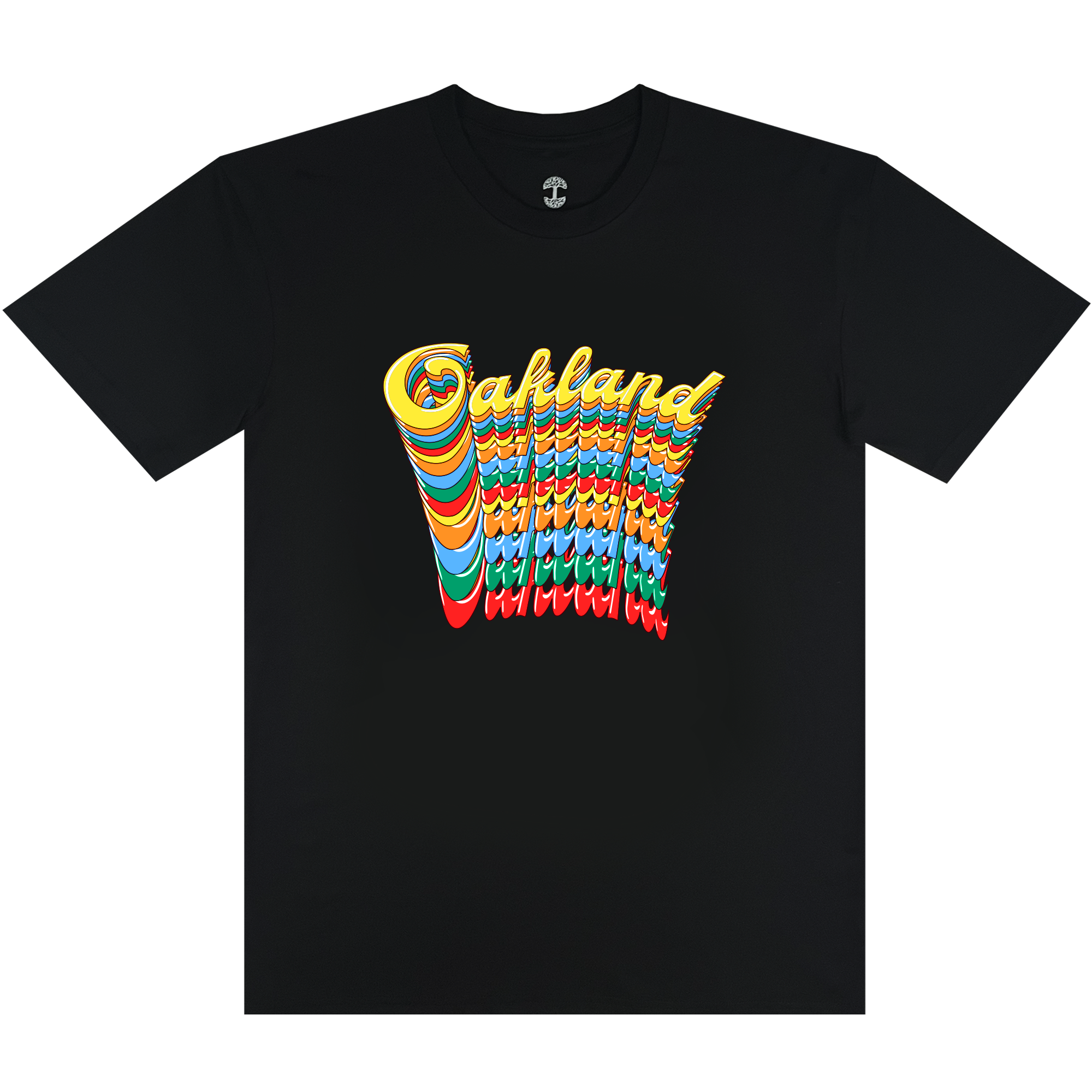 The Oakland Roots SC Funk Tee, a black T-shirt by the Oakland Roots SC brand, showcases "Oakland" in bold, retro-style, multi-colored text at the top. Below it, "Oakland Roots Athletics" is repeated multiple times in a cascading 3D effect with vibrant shades of yellow, blue, red, and green.