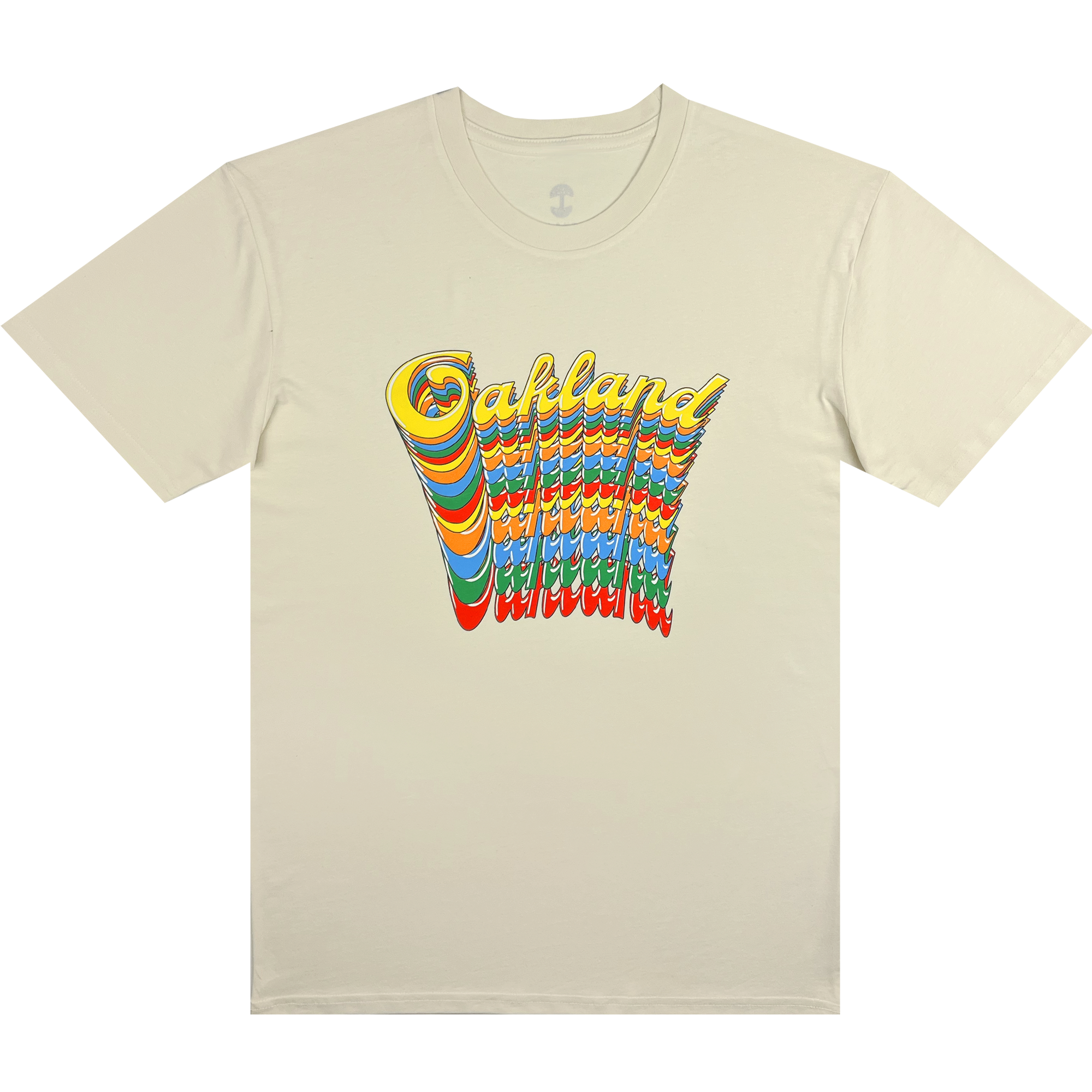 The Oakland Roots SC Funk Tee by Oakland Roots SC is a light beige T-shirt adorned with a dynamic, wavy text graphic at the center. The design showcases the word "Oakland" at the top in prominent, bold yellow letters outlined in red. Below, a cascade of multicolored stripes in red, green, blue, and orange descends to form a vibrant pattern inspired by the Oakland Roots Sports Club.