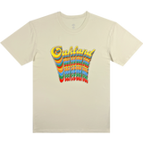 Natural cotton color t-shirt with Oakland wordmark in script on repeat in rainbow color on front chest.