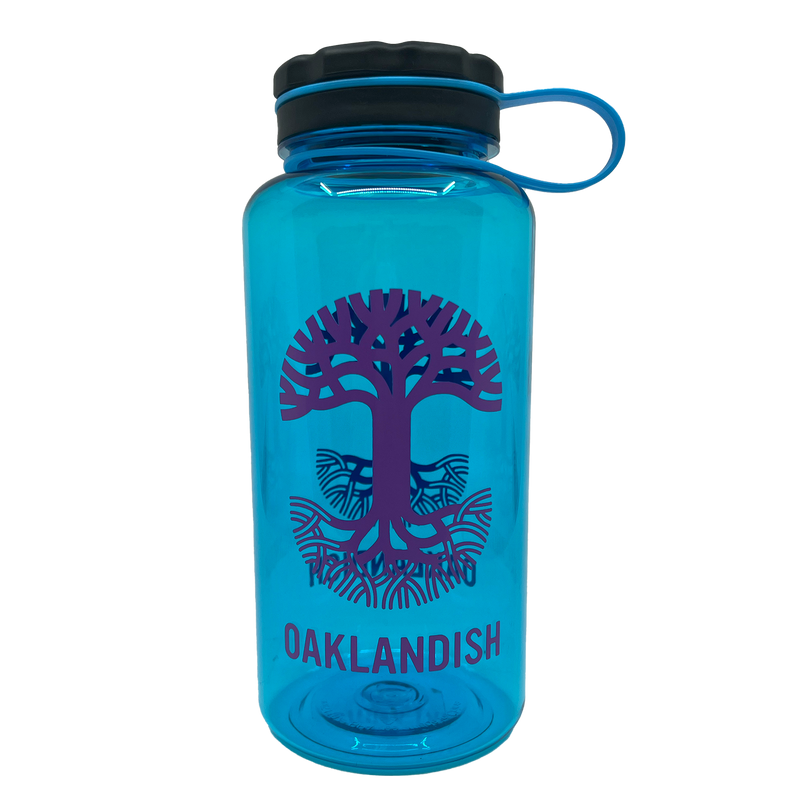 Wide mouth Nalgene 32 oz aqua blue water bottle with tight screw top lid with Oaklandish logo and wordmark.