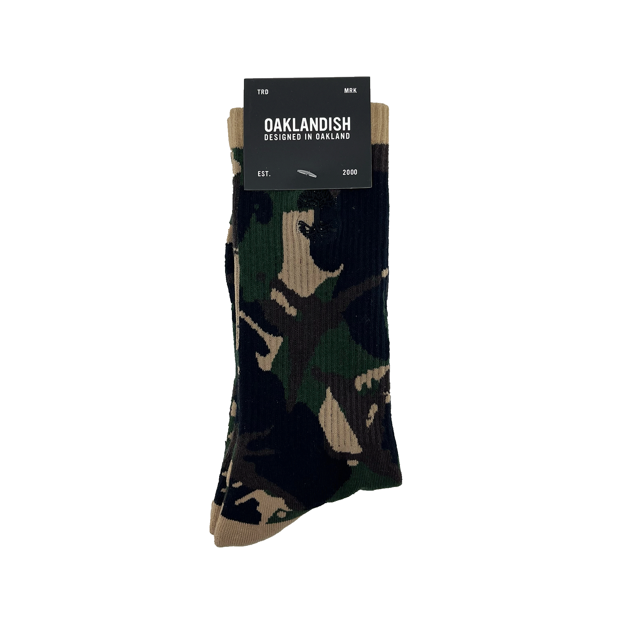 Pair folded camo crew socks in Oaklandish packaging with an embroidered black Oaklandish tree logo on the side.