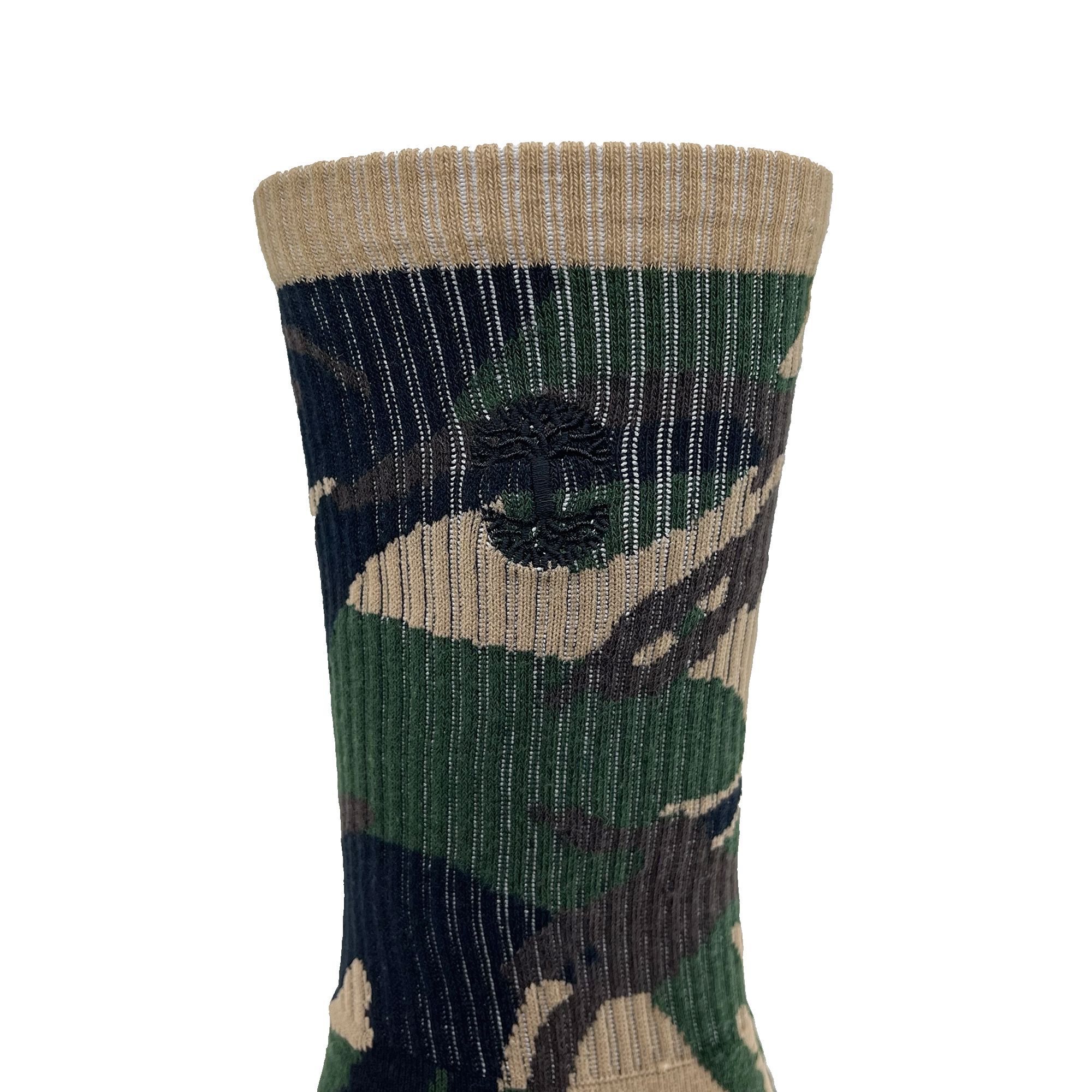 Close-up of embroidered small black Oaklandish tree logo on the side of camo crew sock.