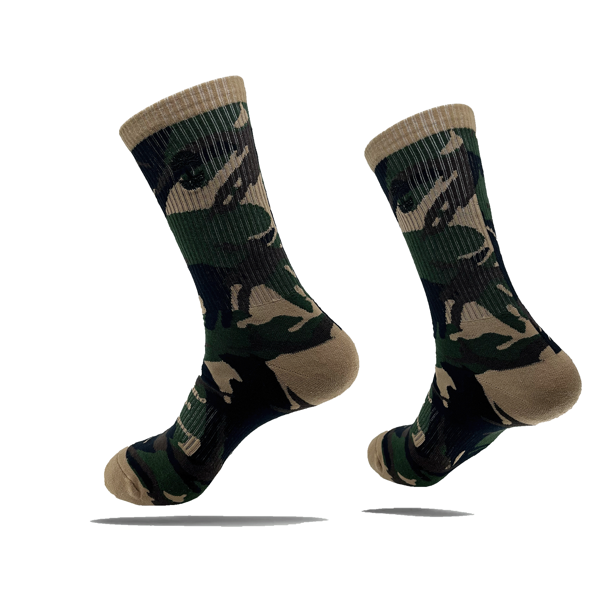 Side view of camo crew socks with a small black Oaklandish tree logo on the side calves.