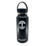 Black stainless steel 32 oz water canteen with white Oaklandish wordmark, logo, and black screw top lid.