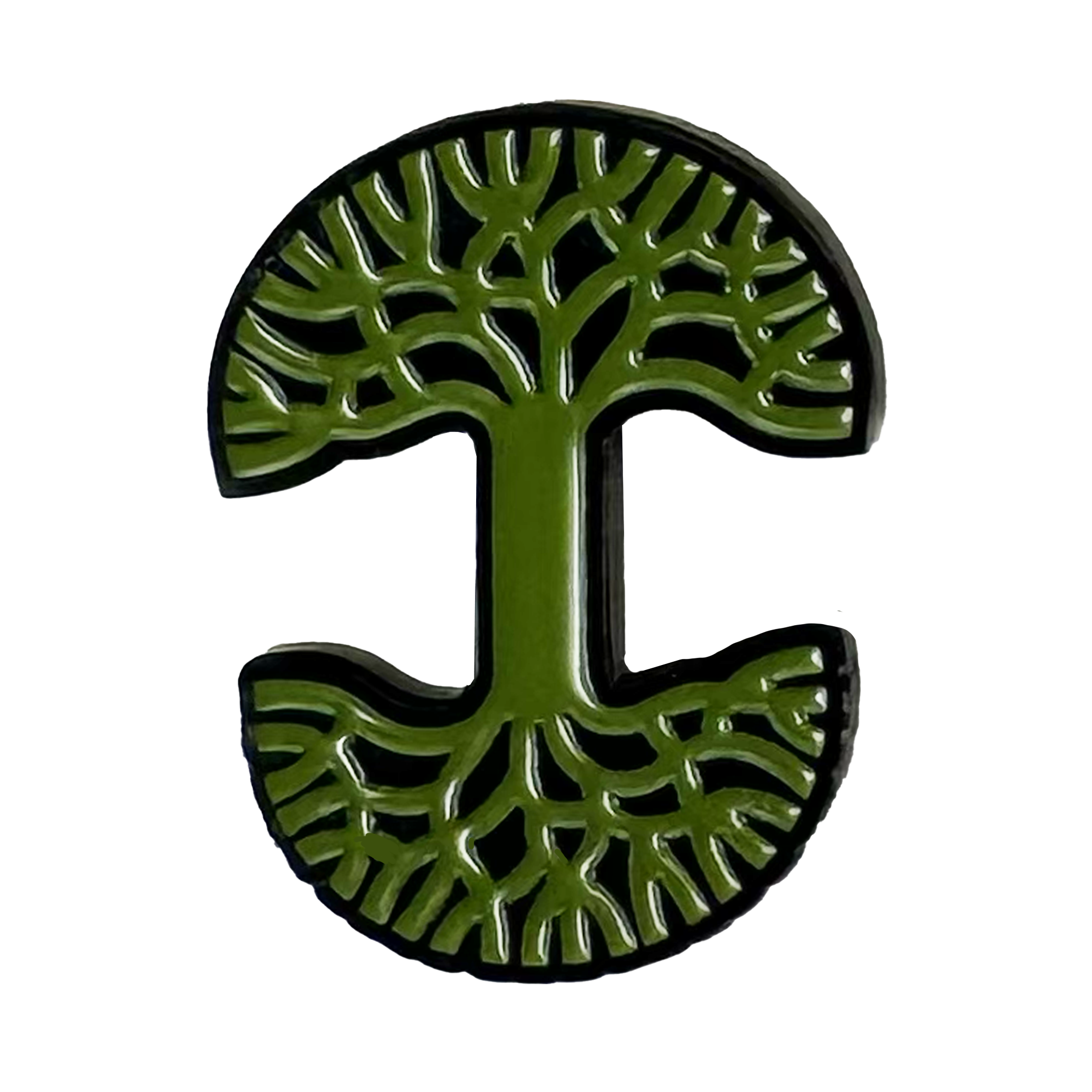 The Oaklandish Logo Enamel Pin by Oaklandish features a green tree with symmetrical branches and roots forming an "I" inside a circle, set against a white background—perfect for lapels or adding to your green accessories.