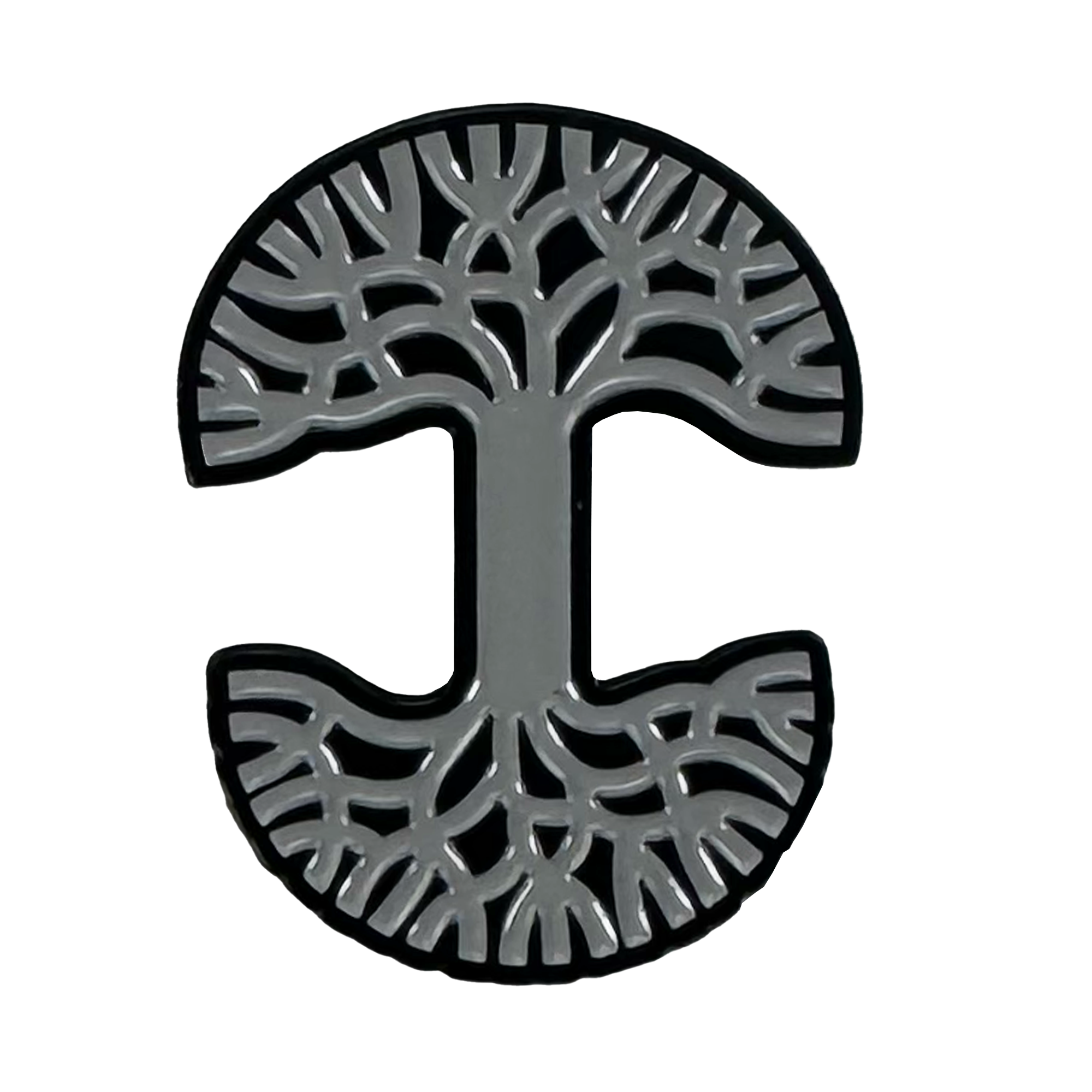 The Oaklandish Logo Enamel Pin by Oaklandish is a circular, grey enamel pin with a capital “I” at the center, tree branches above, roots below, and a black outline on a white background.