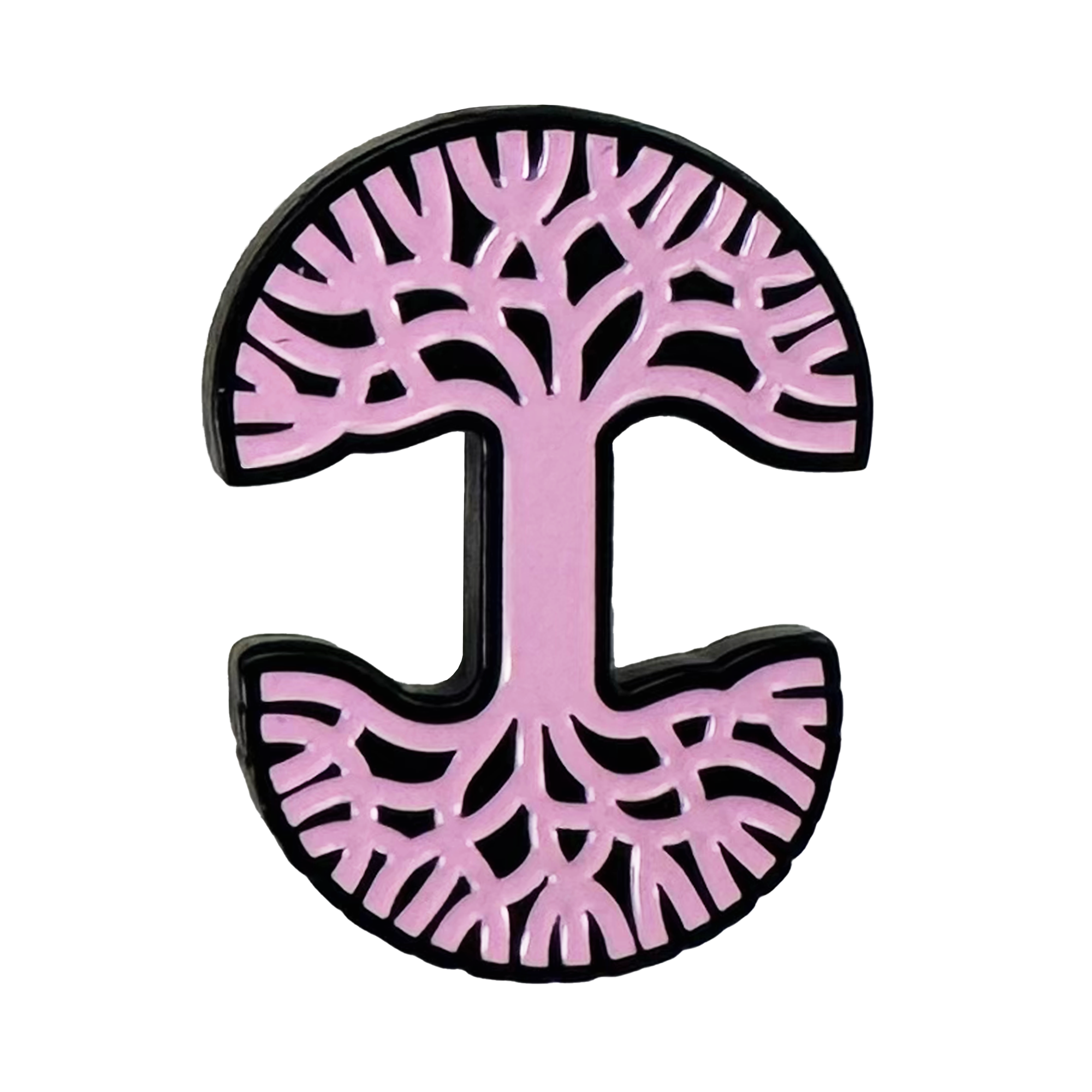 The Oaklandish Logo Enamel Pin by Oaklandish features a bold, curved, capital “I” shape in light pink with black outlines. Its top half forms tree branches and the bottom roots, both with cutout patterns on a white background.