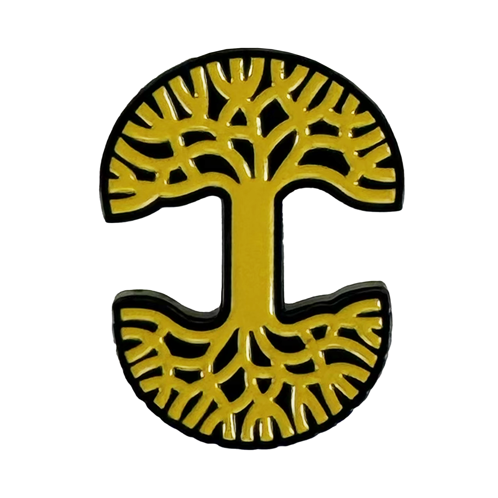 The Oaklandish Logo Enamel Pin by Oaklandish features a symmetrical gold tree forming a capital "I" on white—an elegant accessory to elevate your collection.