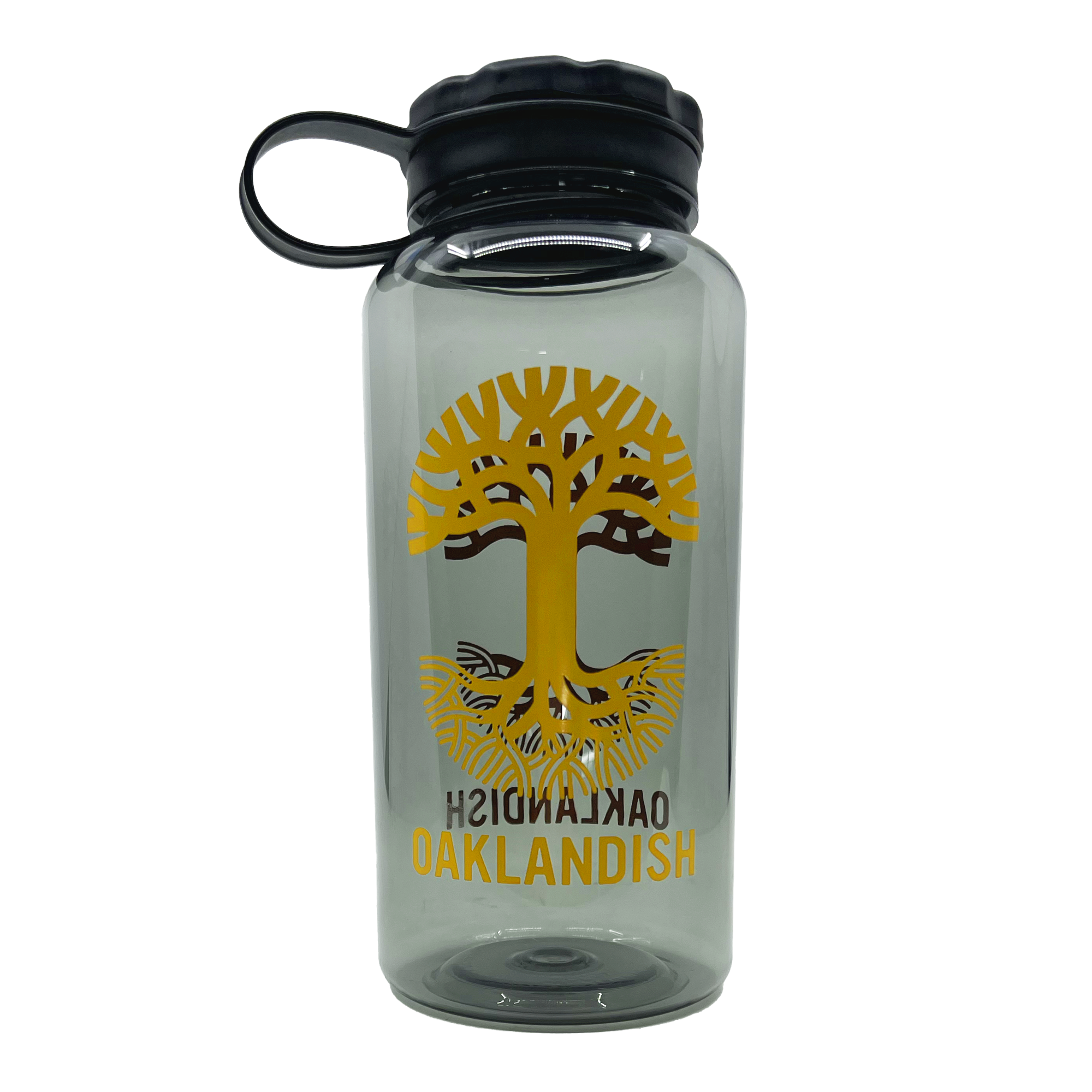 Translucent grey water bottle with scre-on black lid with yello Oaklandish tree logo and text, head on.