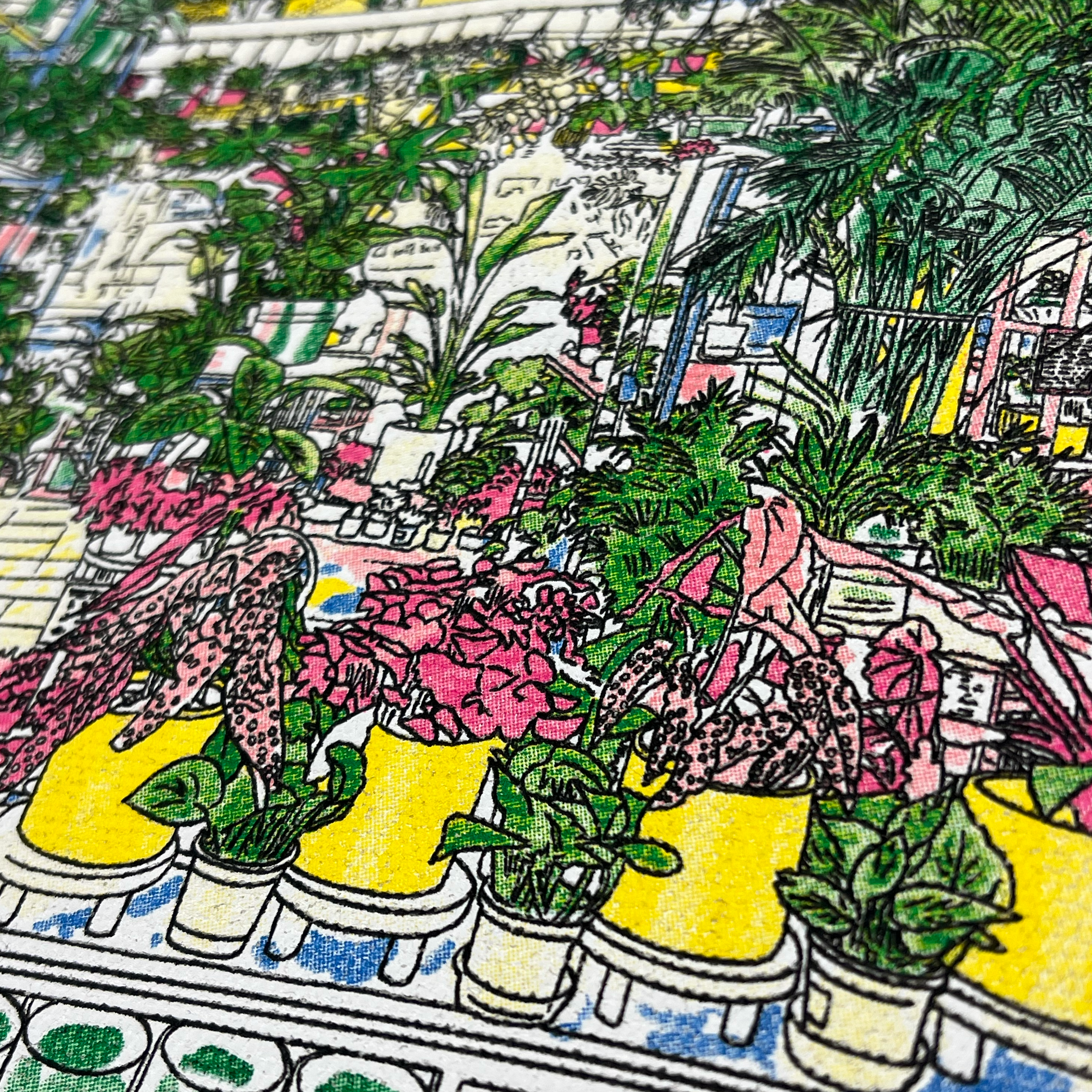 Close-up of large hand-drawn full color graphic of the inside of Planterday, a mission-driven plant shop in Oakland, CA, on a natural cotton shopping tote.