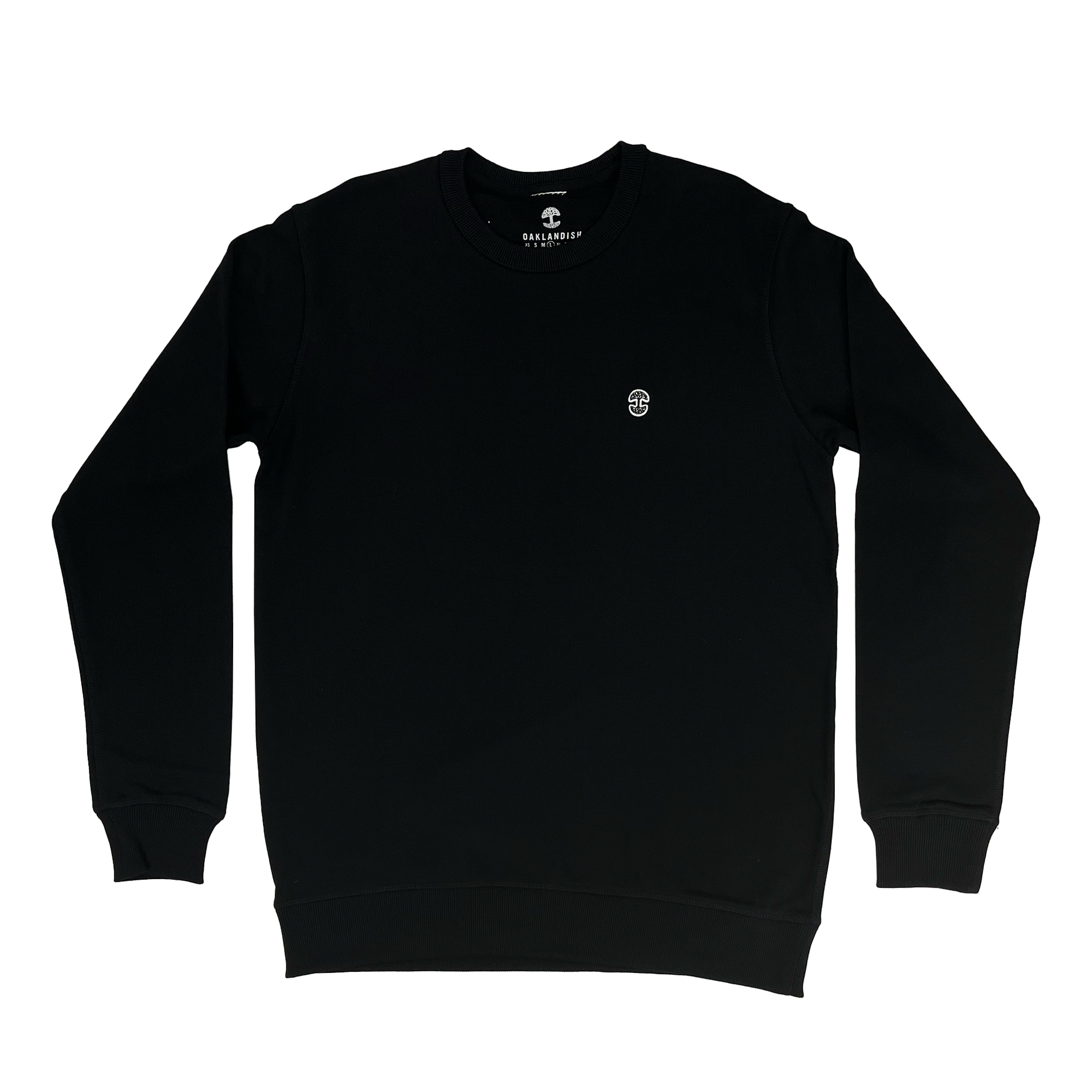 Front view of Premium crewneck sweatshirt - Oaklandish tree logo, Black.